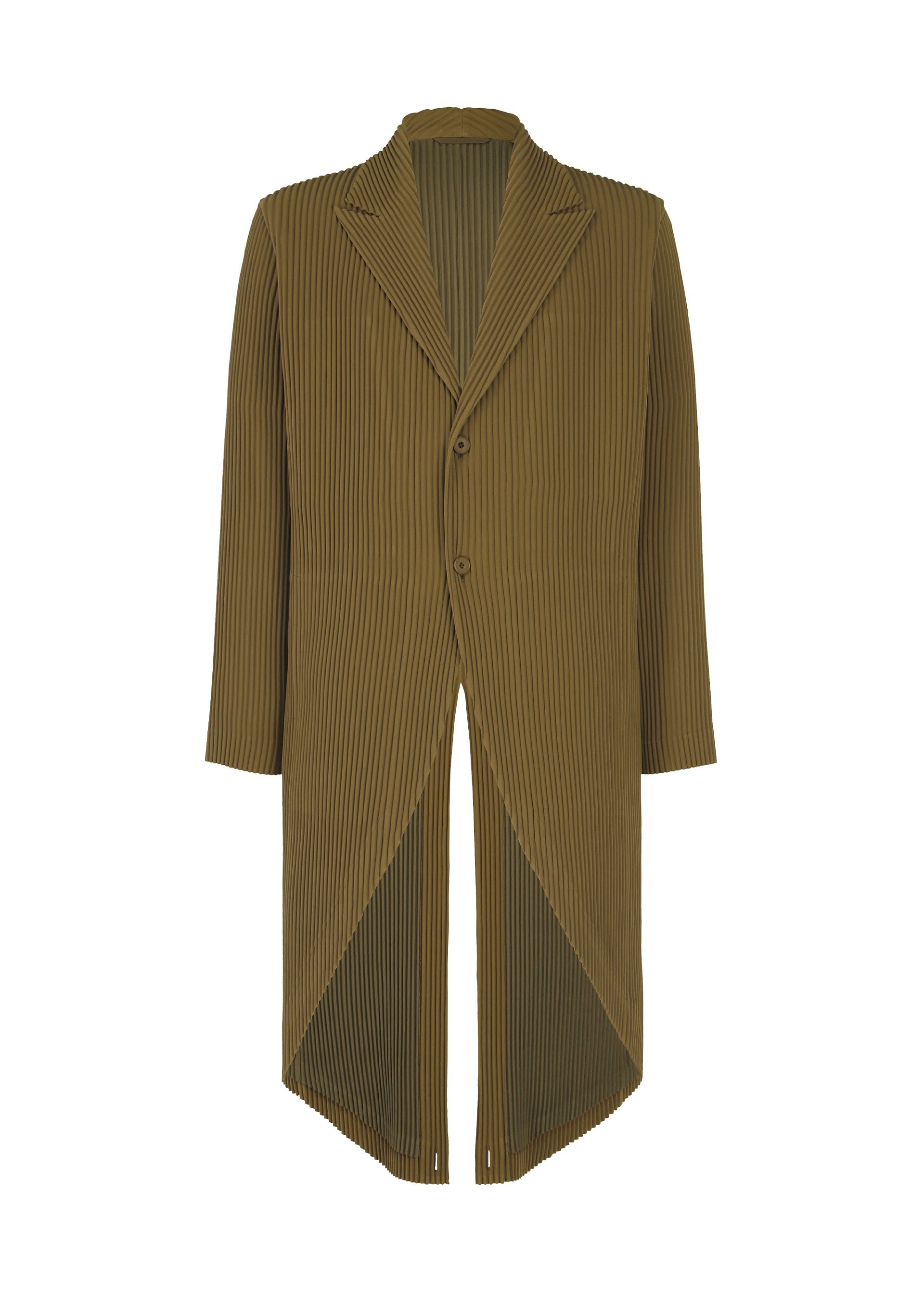Zoomed view The TUXEDO PLEATS by HOMME PLISSÉ ISSEY MIYAKE is an olive green long jacket with vertical pleats, notch lapels, two buttons, long sleeves, and an asymmetrical hem for a modern formal look. - KHAKI （no.65）
