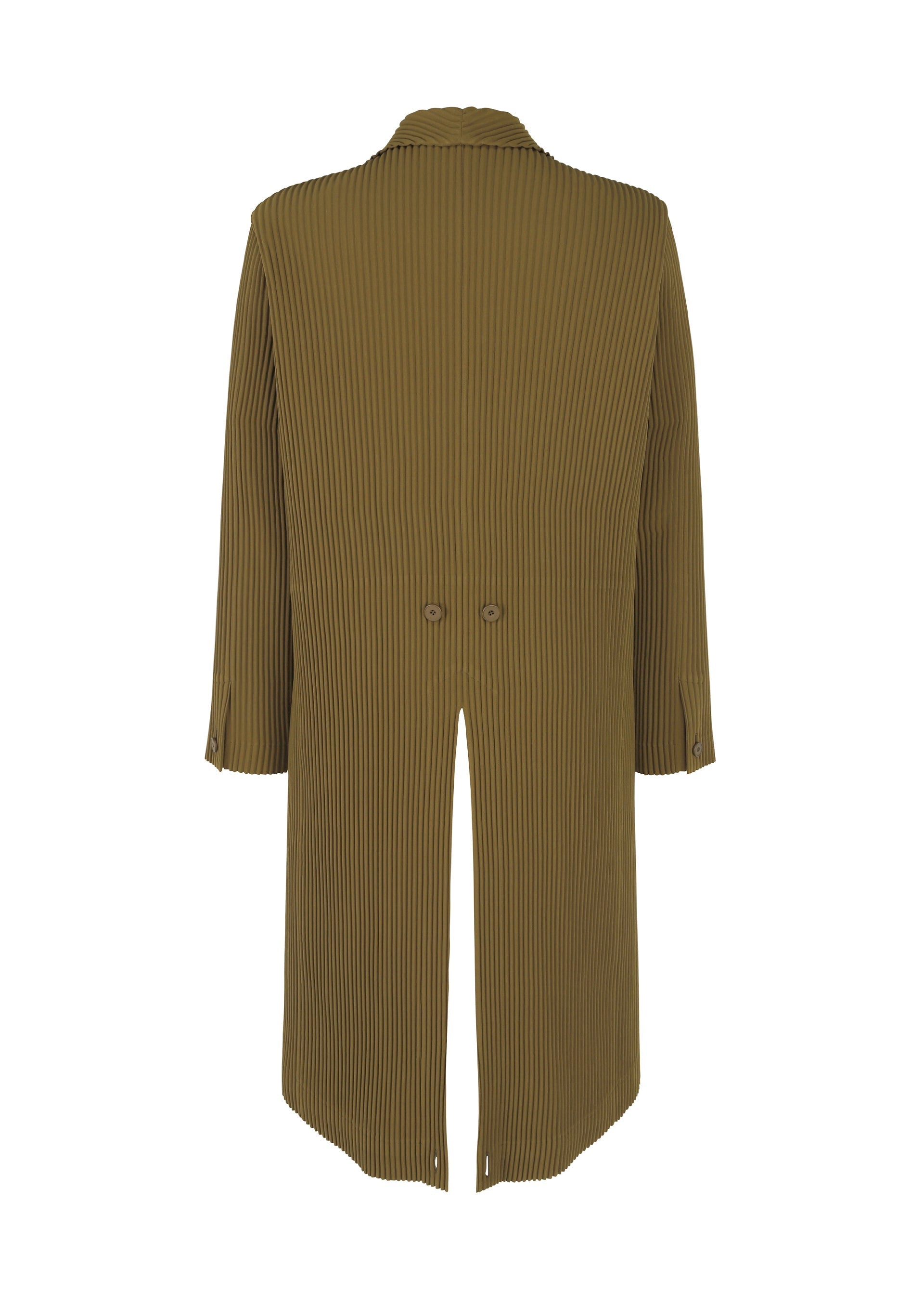 Zoomed view Back view of the HOMME PLISSÉ ISSEY MIYAKE TUXEDO PLEATS coat in olive-green, featuring a classic collar, long sleeves, two waist buttons, center back slit, and pleated design—perfect for formal occasions or refined silhouettes.