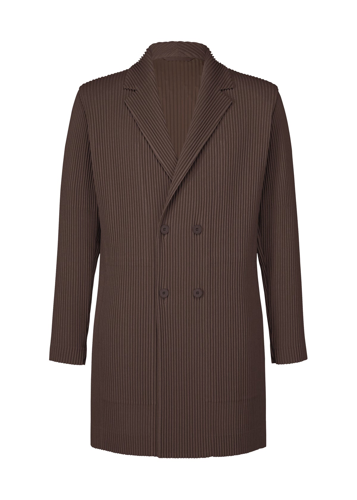 The LINEN LIKE double-breasted jacket by HOMME PLISSÉ ISSEY MIYAKE features a brown, linen-like pleated texture, notched lapel, long sleeves, two rows of buttons, and a sculptural silhouette, shown against a white background. view 2 of 8