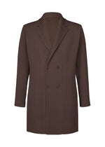 The LINEN LIKE double-breasted jacket by HOMME PLISSÉ ISSEY MIYAKE features a brown, linen-like pleated texture, notched lapel, long sleeves, two rows of buttons, and a sculptural silhouette, shown against a white background. - BROWN (no.44)