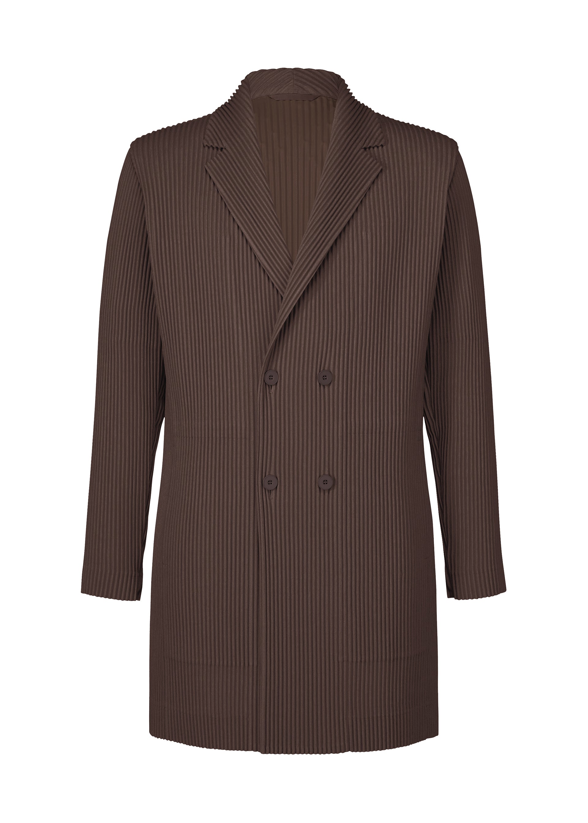 Zoomed view The LINEN LIKE double-breasted jacket by HOMME PLISSÉ ISSEY MIYAKE features a brown, linen-like pleated texture, notched lapel, long sleeves, two rows of buttons, and a sculptural silhouette, shown against a white background. - BROWN (no.44)