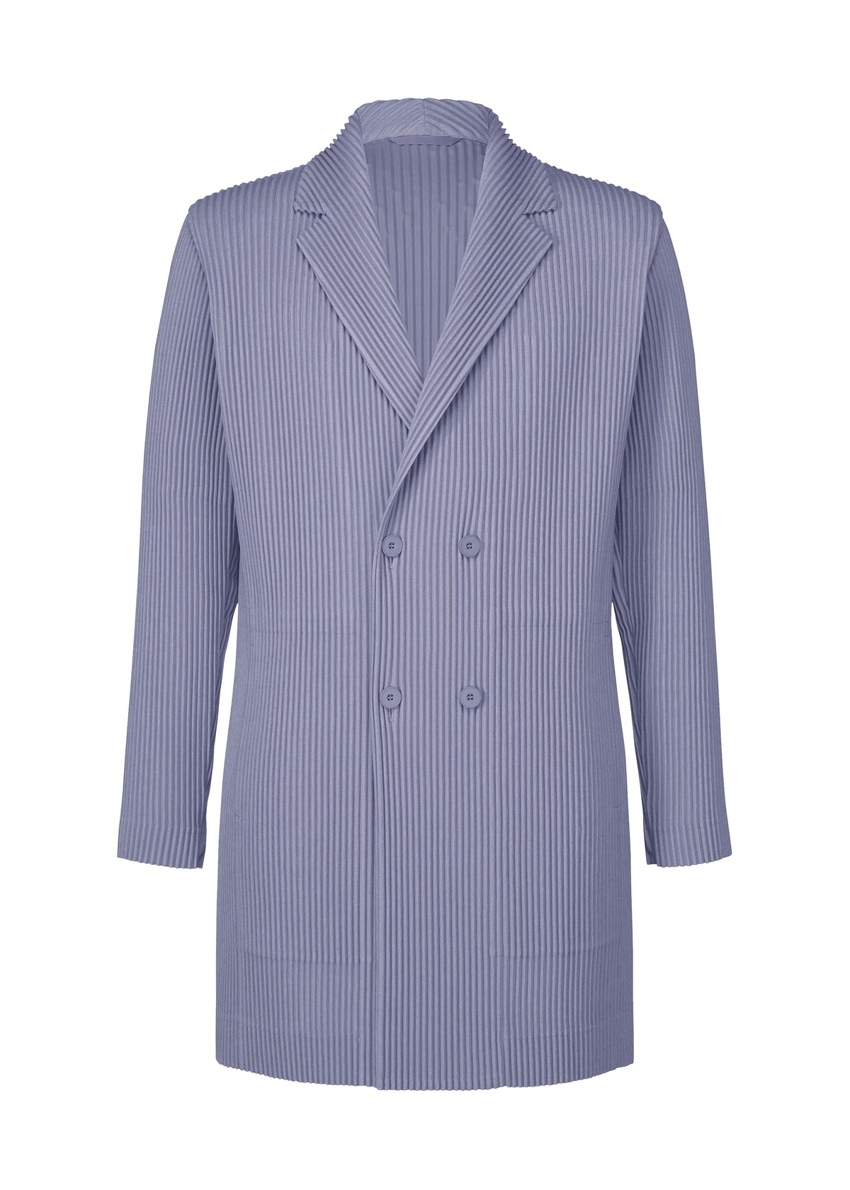 The LINEN LIKE jacket by HOMME PLISSÉ ISSEY MIYAKE features light purple fabric with vertical pinstripes, double-breasted design, four buttons, wide lapels, long sleeves, and a relaxed three-dimensional silhouette. view 3 of 8