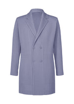 The LINEN LIKE jacket by HOMME PLISSÉ ISSEY MIYAKE features light purple fabric with vertical pinstripes, double-breasted design, four buttons, wide lapels, long sleeves, and a relaxed three-dimensional silhouette. - BLUE (no.72)