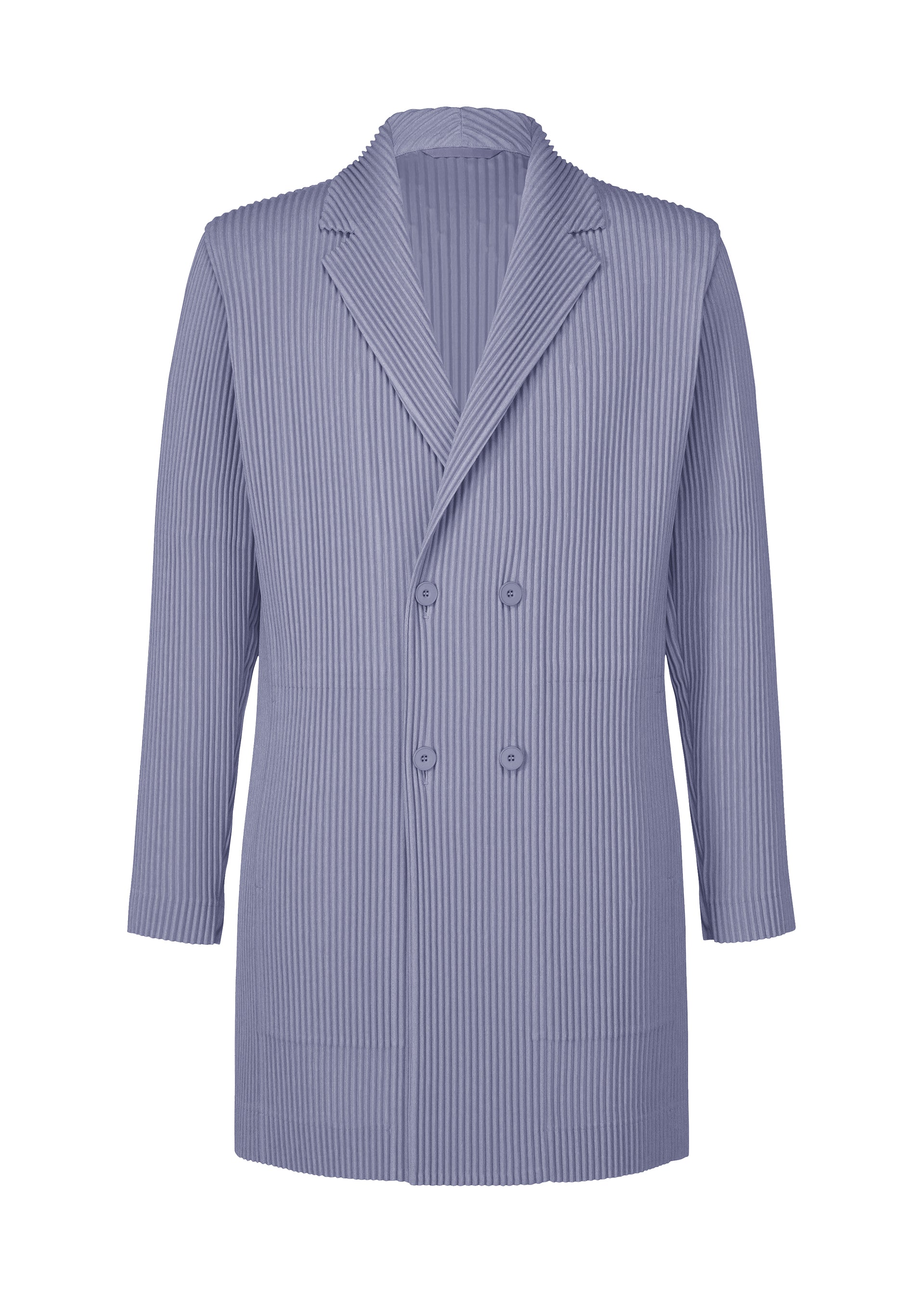 Zoomed view The LINEN LIKE jacket by HOMME PLISSÉ ISSEY MIYAKE features light purple fabric with vertical pinstripes, double-breasted design, four buttons, wide lapels, long sleeves, and a relaxed three-dimensional silhouette. - BLUE (no.72)