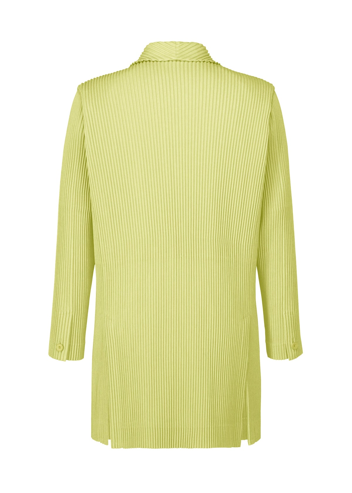 The LINEN LIKE jacket by HOMME PLISSÉ ISSEY MIYAKE is light green, long-sleeved, knee-length, and pleated with a subtle vertical ribbed texture and a straight hemline, shown from the back. view 4 of 8