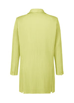 The LINEN LIKE jacket by HOMME PLISSÉ ISSEY MIYAKE is light green, long-sleeved, knee-length, and pleated with a subtle vertical ribbed texture and a straight hemline, shown from the back.