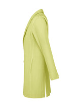 The LINEN LIKE blazer by HOMME PLISSÉ ISSEY MIYAKE is shown from the side in lime green pinstripes, featuring long sleeves, a notched lapel collar, and front pockets against a white background.