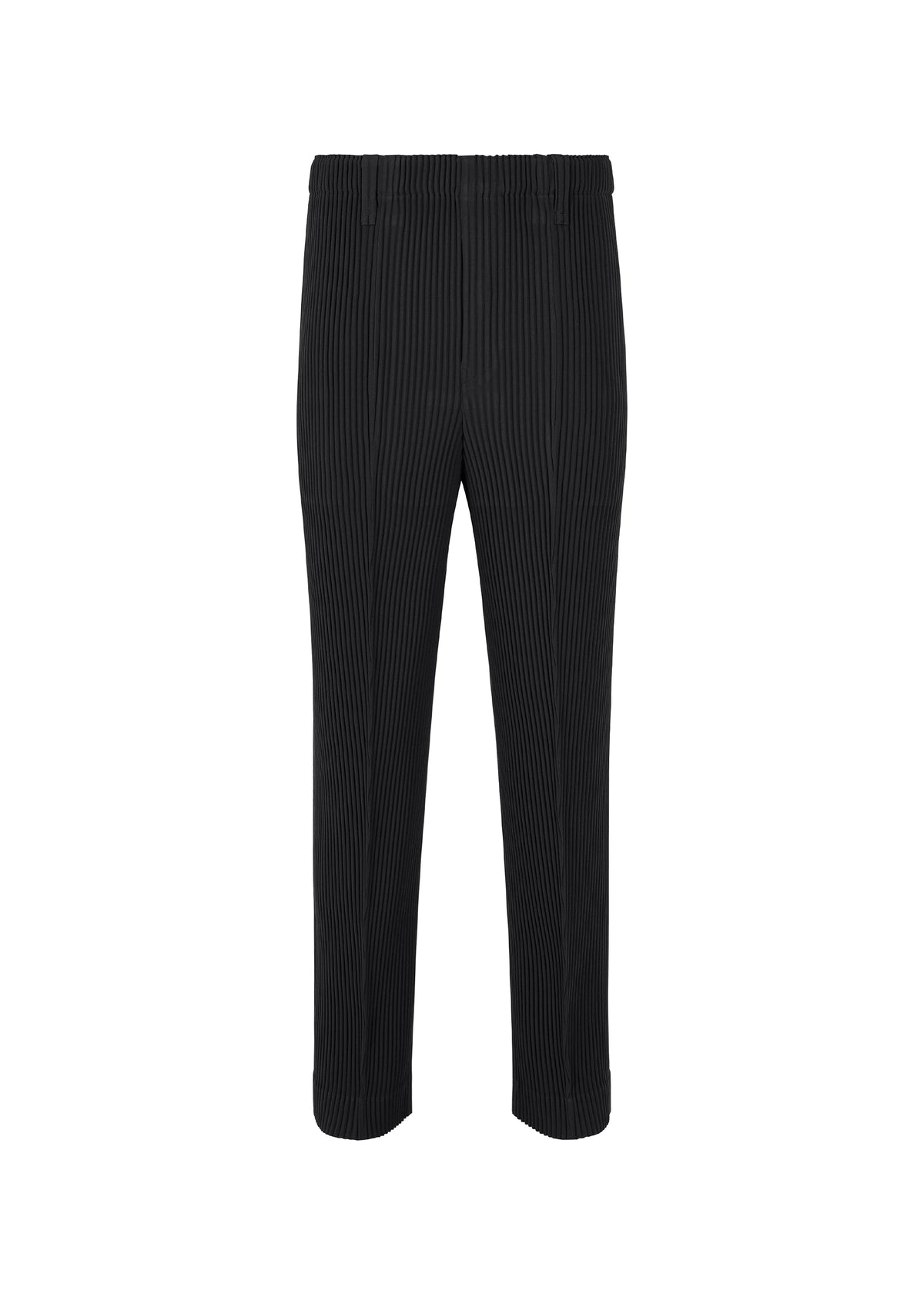 TUXEDO PLEATS formal pants by HOMME PLISSÉ ISSEY MIYAKE featuring black pinstripes, a straight-leg cut, elastic waistband, and belt loops, shown against a white background. view 1 of 9