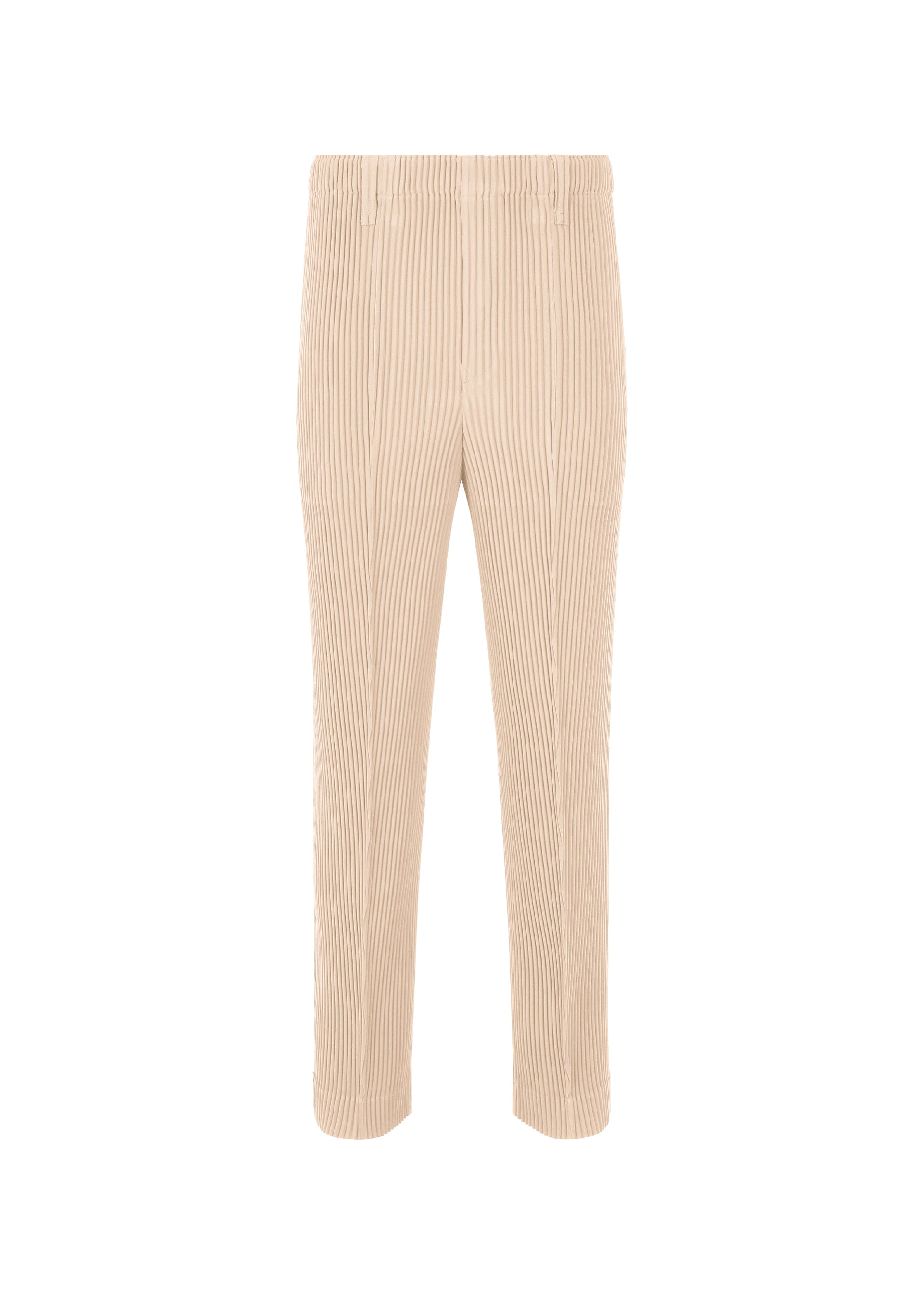 Zoomed view The TUXEDO PLEATS pants by HOMME PLISSÉ ISSEY MIYAKE feature a beige corduroy look with center tucks, a straight-leg silhouette, an elastic waistband, and subtle vertical ribbing, shown against a white background. - BEIGE （no.40）