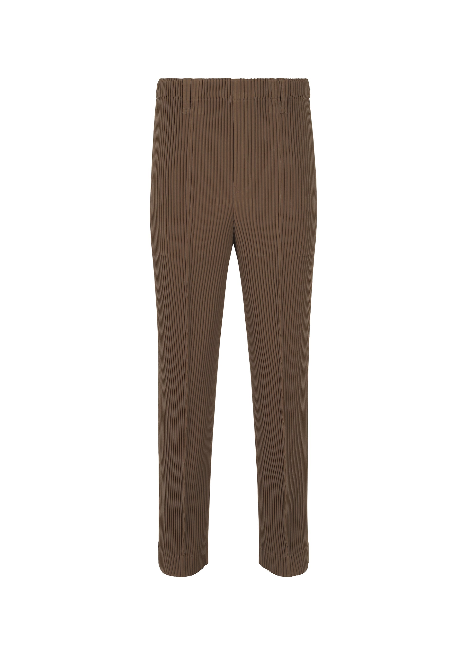 Zoomed view The HOMME PLISSÉ ISSEY MIYAKE TUXEDO PLEATS are brown straight-leg formal pants with subtle vertical pinstripes, an elastic waistband, and no visible pockets, shown on a plain white background. - BROWN （no.44）