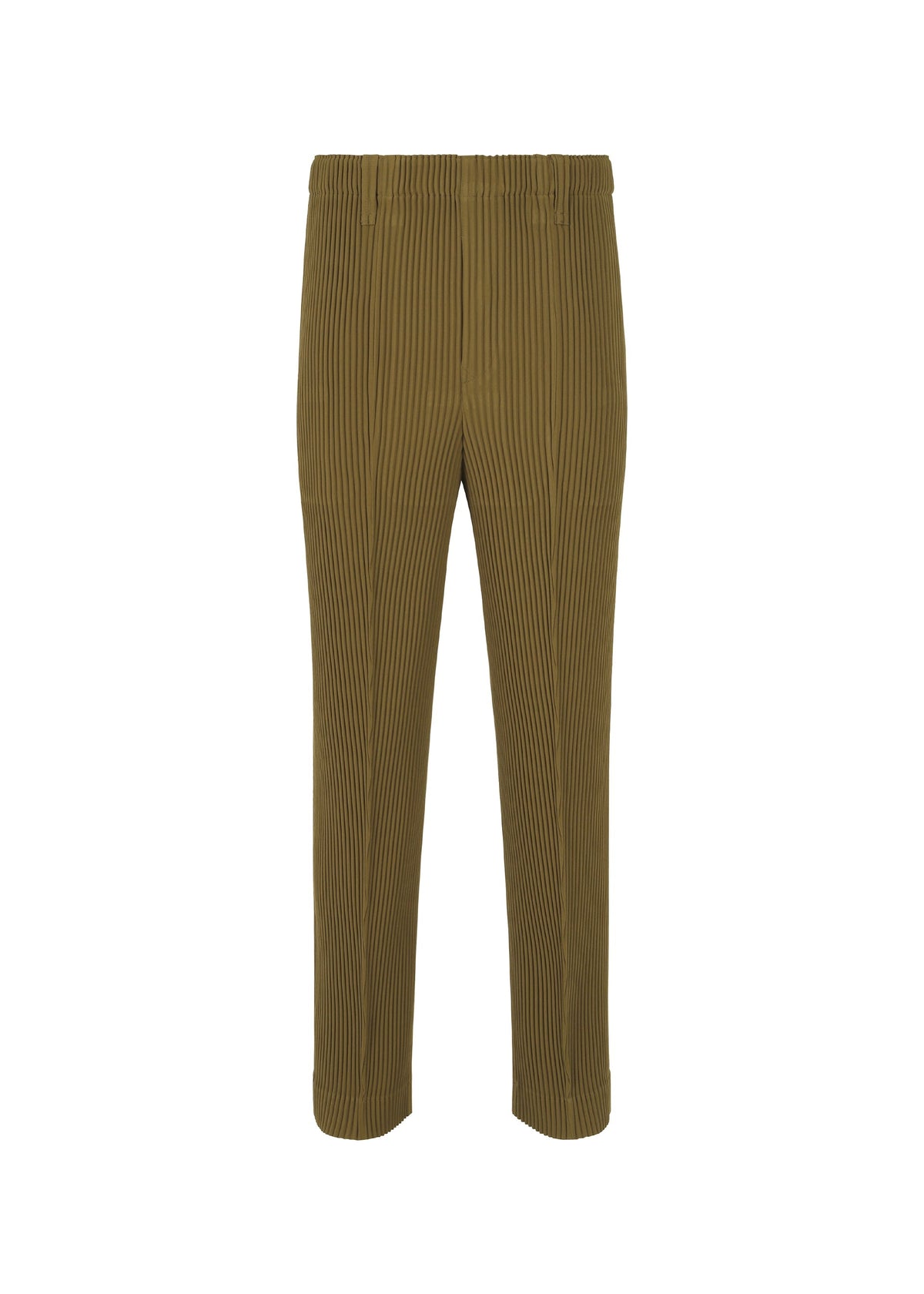 TUXEDO PLEATS by HOMME PLISSÉ ISSEY MIYAKE: olive green pleated straight-leg pants with an elastic waistband, shown on a white background. view 4 of 9