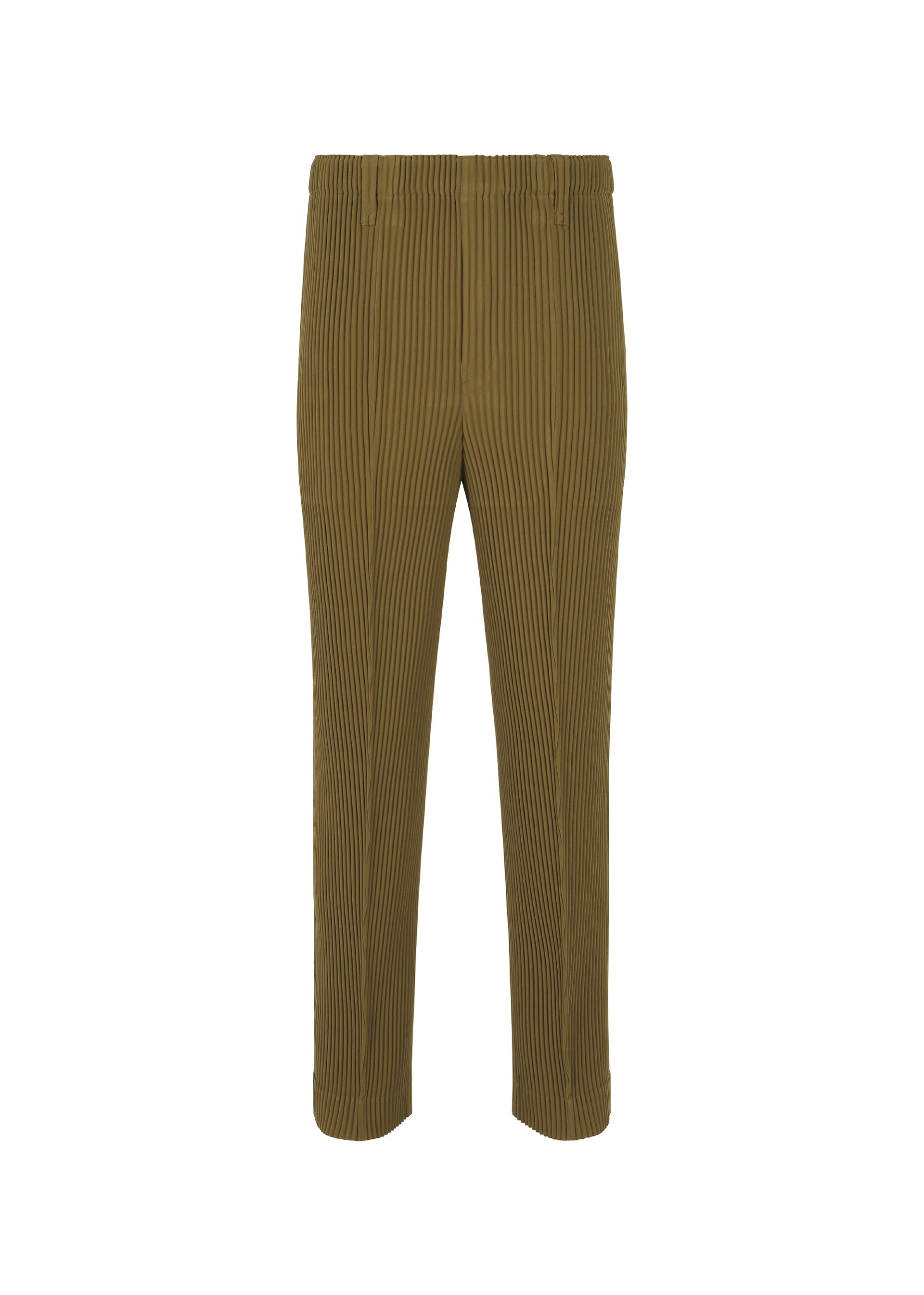 Zoomed view TUXEDO PLEATS by HOMME PLISSÉ ISSEY MIYAKE: olive green pleated straight-leg pants with an elastic waistband, shown on a white background. - KHAKI （no.65）