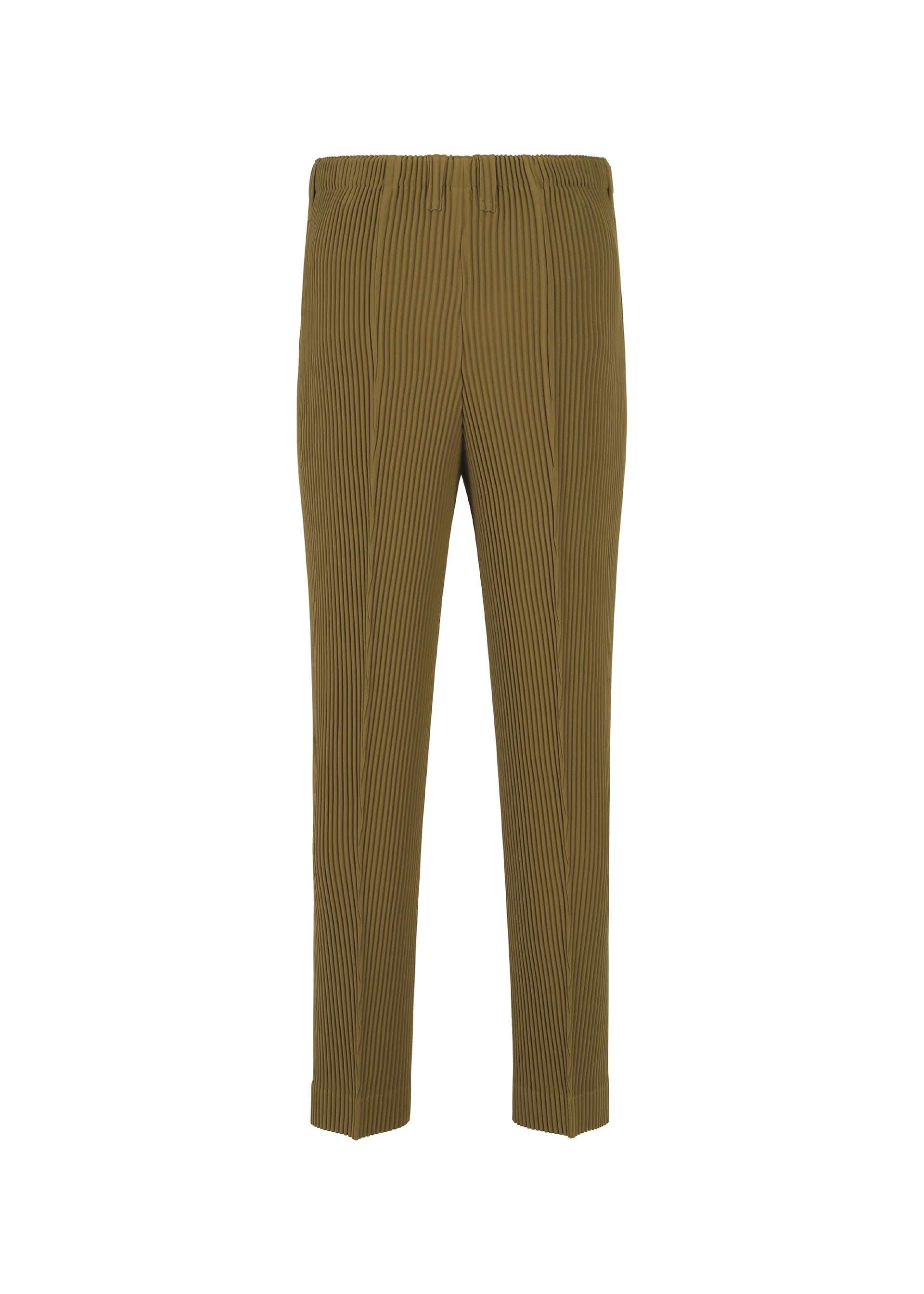 Zoomed view The TUXEDO PLEATS pants by HOMME PLISSÉ ISSEY MIYAKE are olive green with narrow white pinstripes, straight-leg cut, center tuck detail, and no visible pockets or fastenings, shown against a plain white background.