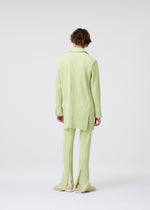 A person with short, curly brown hair faces away, wearing HOMME PLISSÉ ISSEY MIYAKE's LINEN LIKE light green ribbed long blazer and linen-texture pants with slit hems, paired with beige shoes against a plain white background.