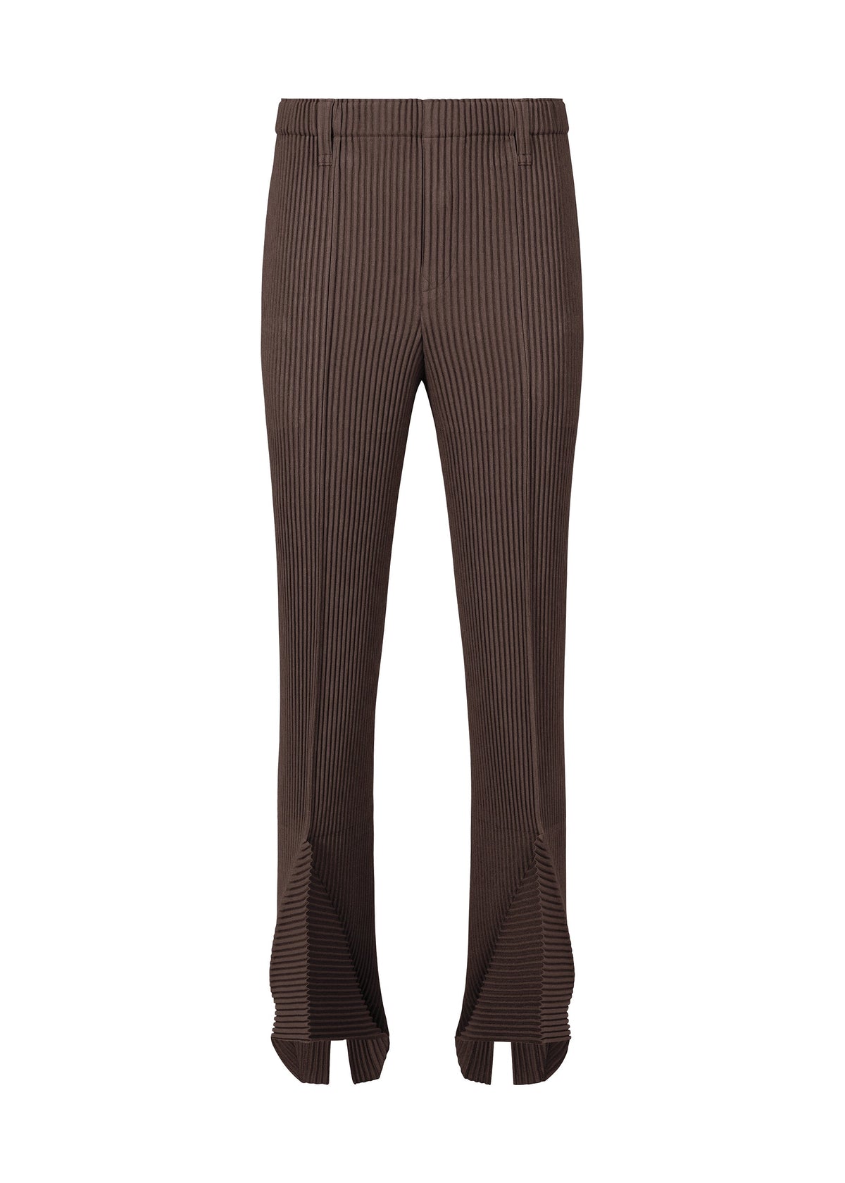 The LINEN LIKE pants by HOMME PLISSÉ ISSEY MIYAKE feature a brown ribbed knit, high waist, flared legs, and gathered hem for a dimensional look, showcased on a white background. view 2 of 8