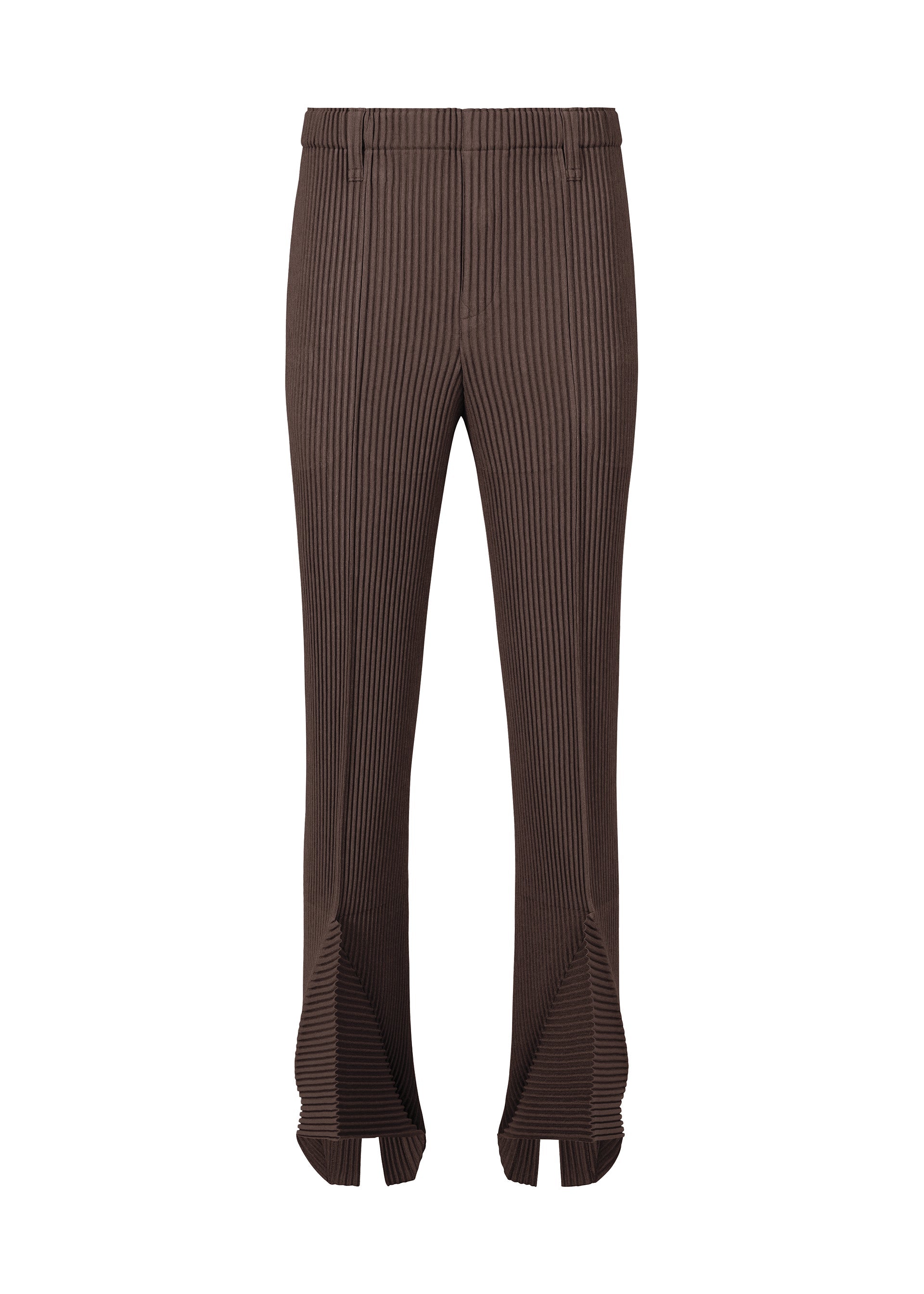 Zoomed view The LINEN LIKE pants by HOMME PLISSÉ ISSEY MIYAKE feature a brown ribbed knit, high waist, flared legs, and gathered hem for a dimensional look, showcased on a white background. - BROWN （no.44）