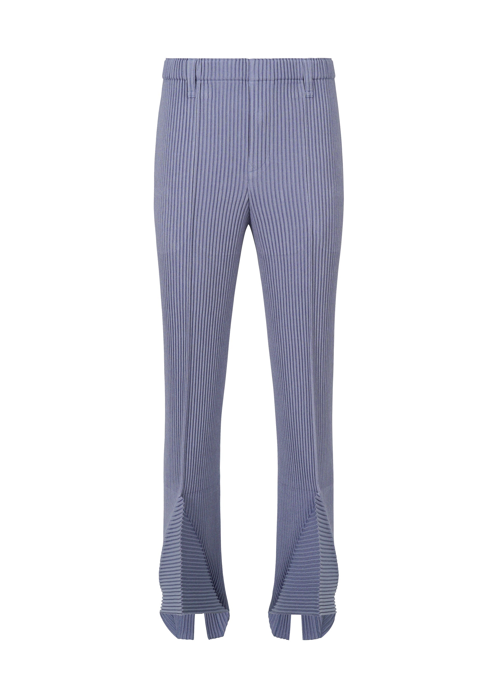 Zoomed view The LINEN LIKE pants by HOMME PLISSÉ ISSEY MIYAKE feature blue and white vertical stripes, a fitted waist, slightly flared legs with front slits, and a crisp linen-like three-dimensional silhouette. - BLUE （no.72）