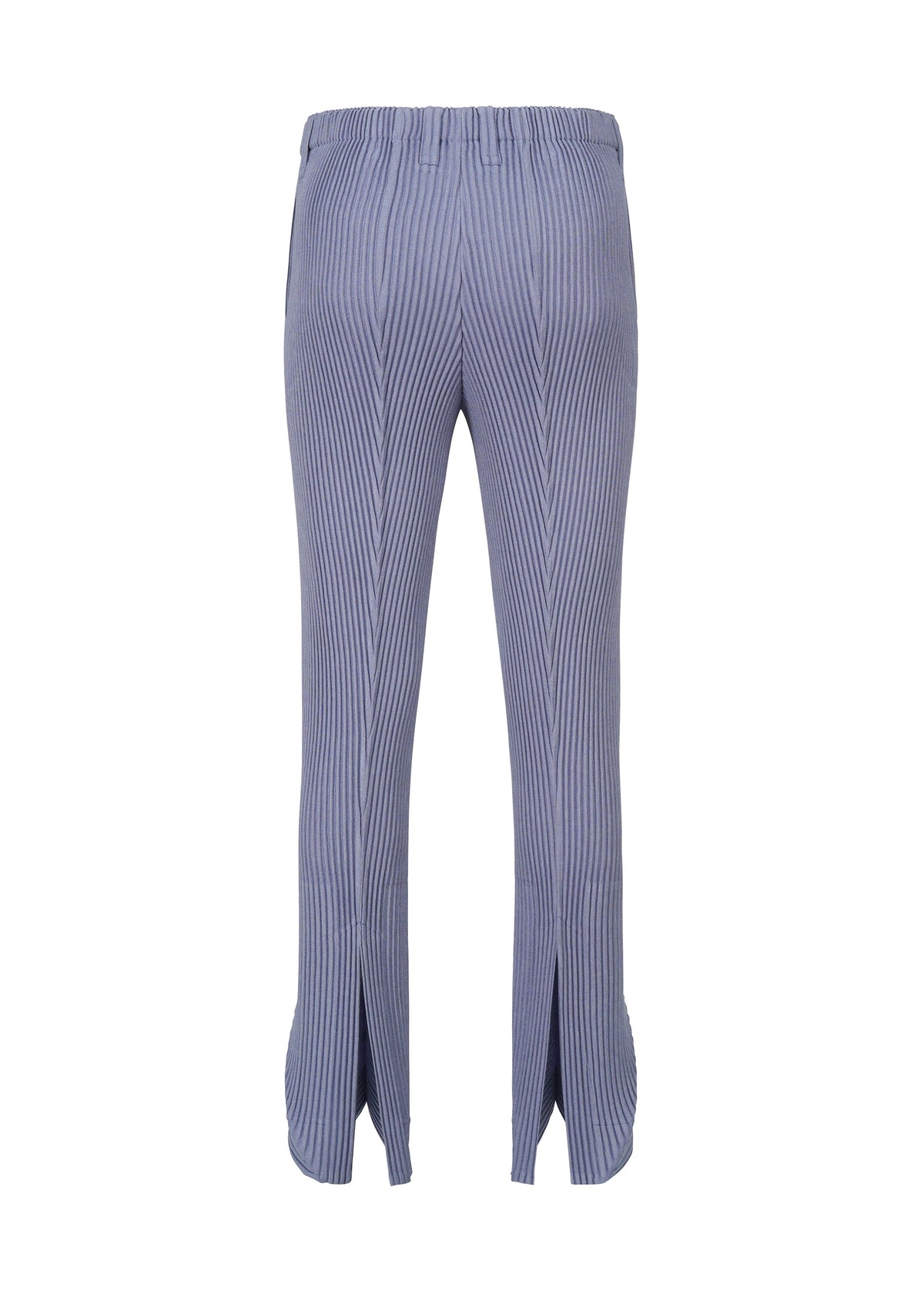 LINEN LIKE pants by HOMME PLISSÉ ISSEY MIYAKE in blue and white vertical stripes feature a linen texture, slightly flared silhouette, front hem slits, and are shown from the back against a white background. view 4 of 8