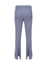 LINEN LIKE pants by HOMME PLISSÉ ISSEY MIYAKE in blue and white vertical stripes feature a linen texture, slightly flared silhouette, front hem slits, and are shown from the back against a white background.
