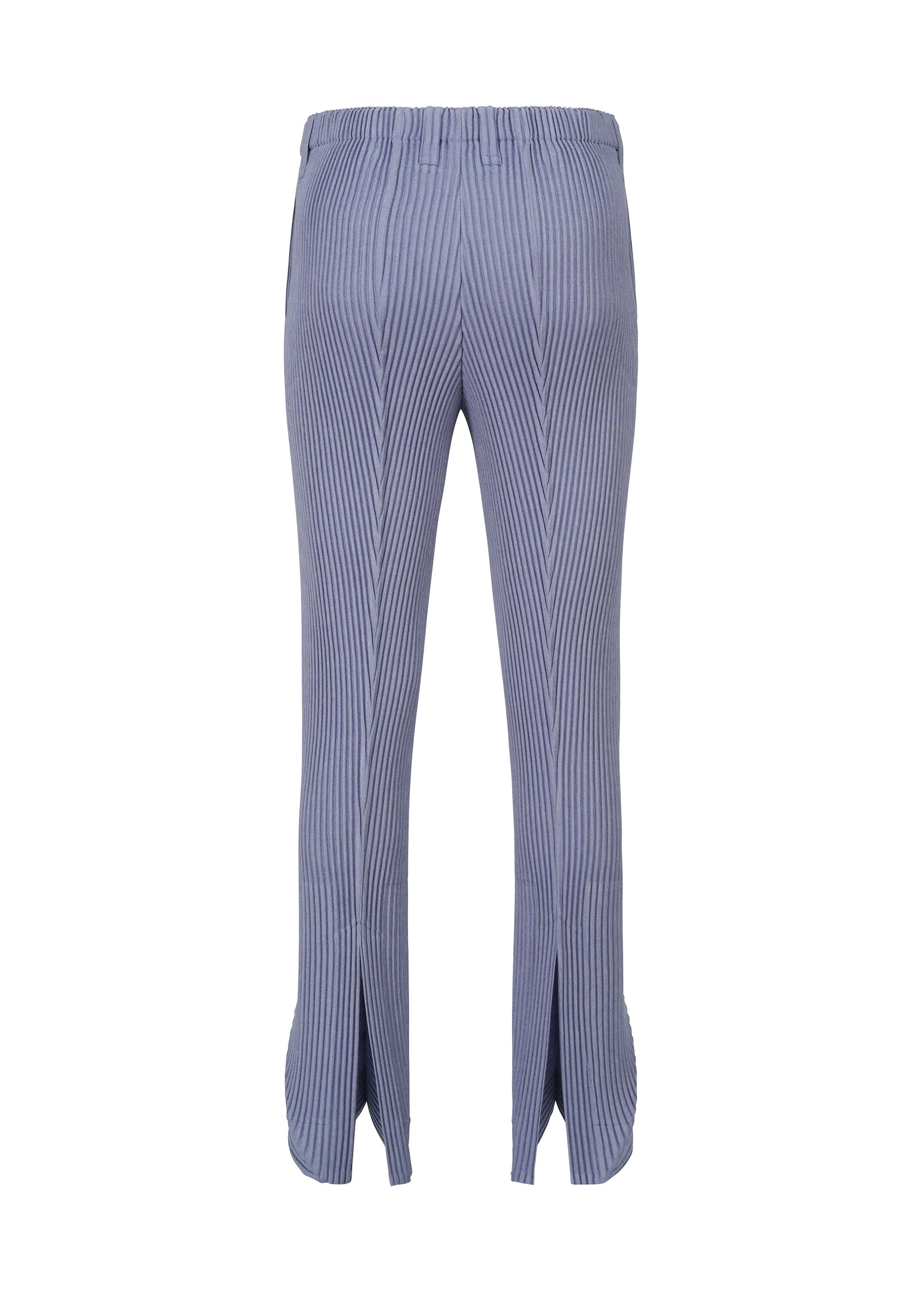 Zoomed view LINEN LIKE pants by HOMME PLISSÉ ISSEY MIYAKE in blue and white vertical stripes feature a linen texture, slightly flared silhouette, front hem slits, and are shown from the back against a white background.
