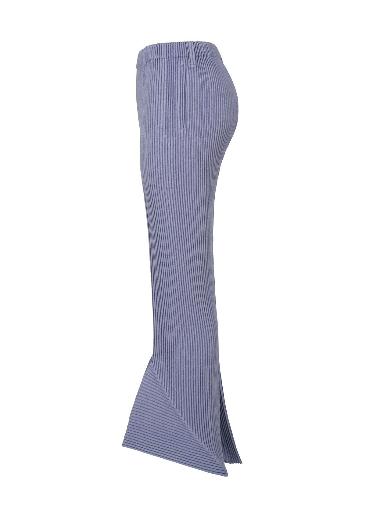 The LINEN LIKE skirt by HOMME PLISSÉ ISSEY MIYAKE is high-waisted and ankle-length with blue and white vertical pinstripes, fitted through the hips, and flares into a wide, angular hem for a flattering three-dimensional silhouette. view 5 of 8