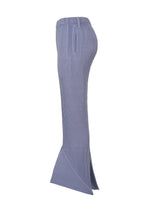 The LINEN LIKE skirt by HOMME PLISSÉ ISSEY MIYAKE is high-waisted and ankle-length with blue and white vertical pinstripes, fitted through the hips, and flares into a wide, angular hem for a flattering three-dimensional silhouette.