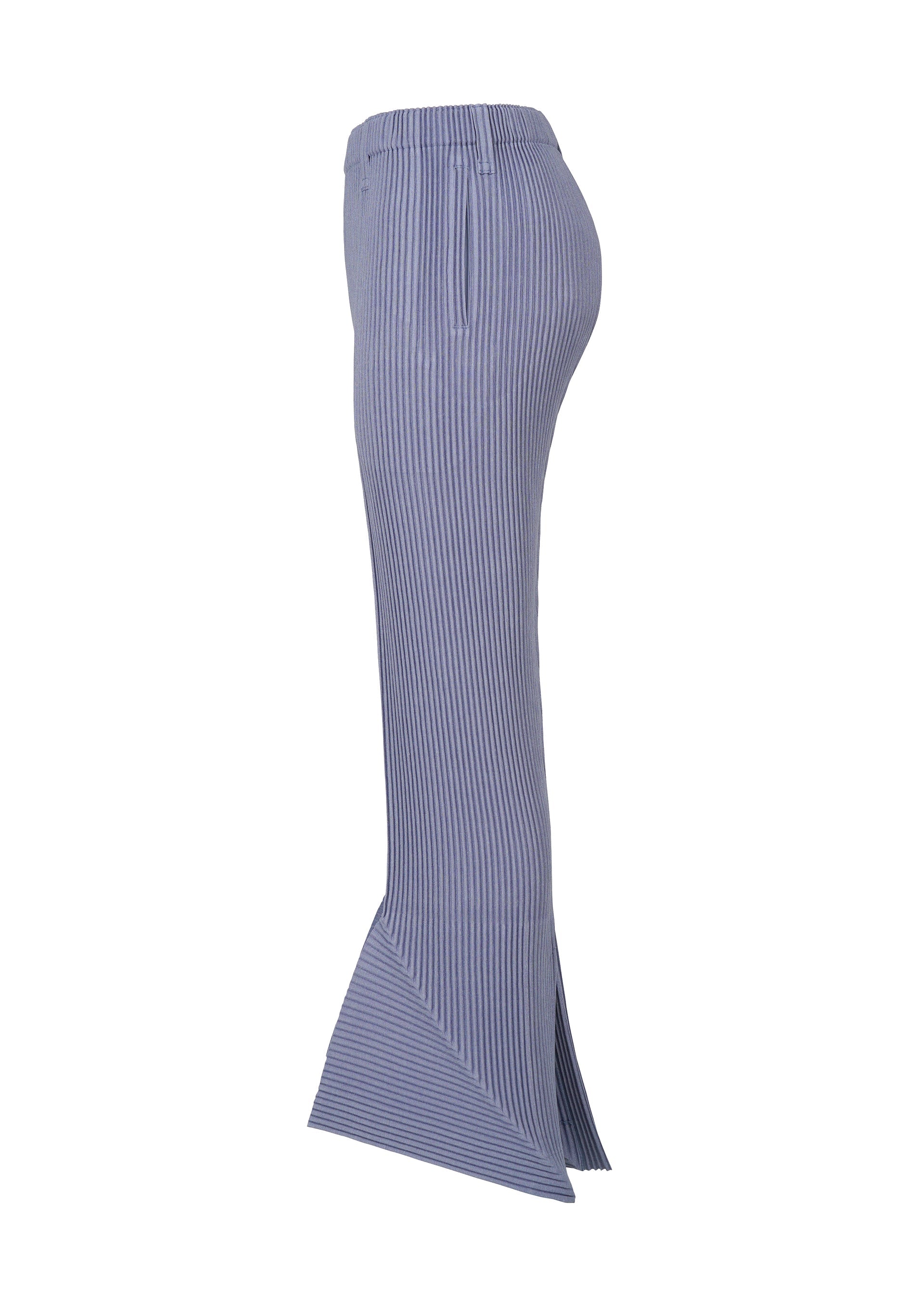 Zoomed view The LINEN LIKE skirt by HOMME PLISSÉ ISSEY MIYAKE is high-waisted and ankle-length with blue and white vertical pinstripes, fitted through the hips, and flares into a wide, angular hem for a flattering three-dimensional silhouette.