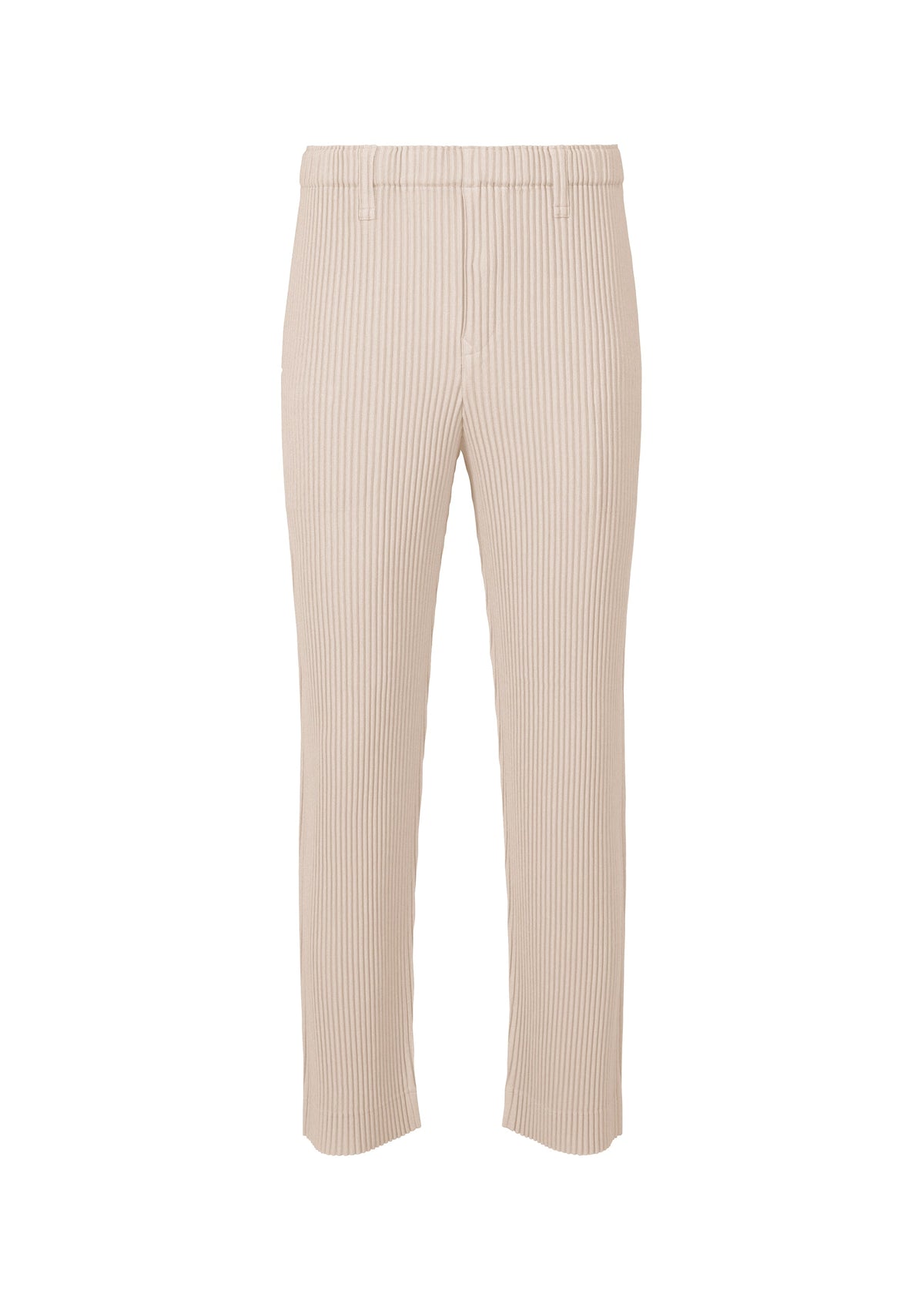 The HOMME PLISSÉ ISSEY MIYAKE LINEN LIKE pants feature a beige ribbed knit with a three-dimensional, straight-leg silhouette, elastic waistband, and subtle vertical texture, displayed against a plain white background. view 1 of 6