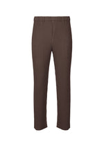 LINEN LIKE straight pants by HOMME PLISSÉ ISSEY MIYAKE in brown, featuring a ribbed, linen-like texture and minimalist design, are shown front-facing on a white background, highlighting their three-dimensional silhouette. - BROWN (no.44)