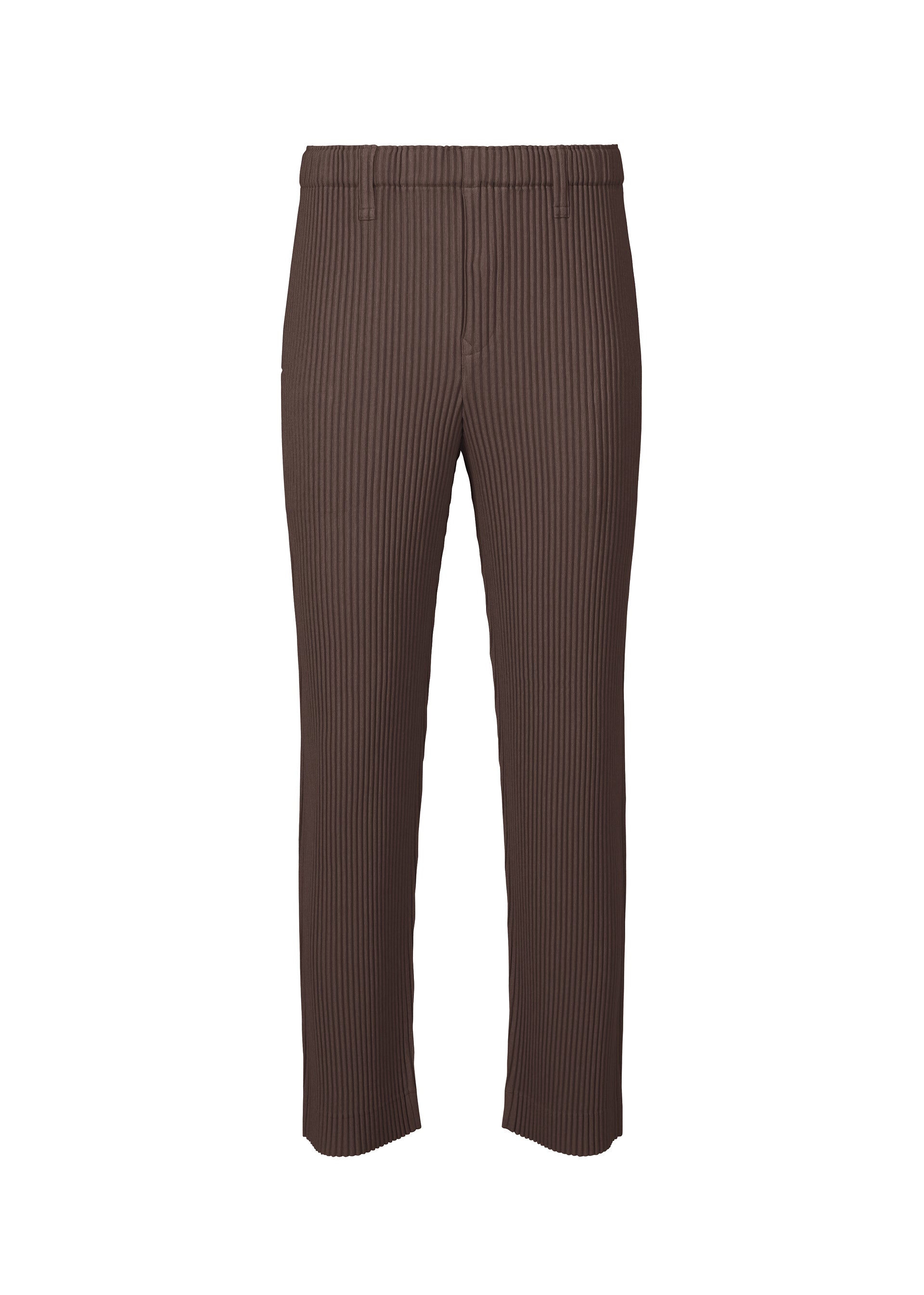 Zoomed view LINEN LIKE straight pants by HOMME PLISSÉ ISSEY MIYAKE in brown, featuring a ribbed, linen-like texture and minimalist design, are shown front-facing on a white background, highlighting their three-dimensional silhouette. - BROWN (no.44)