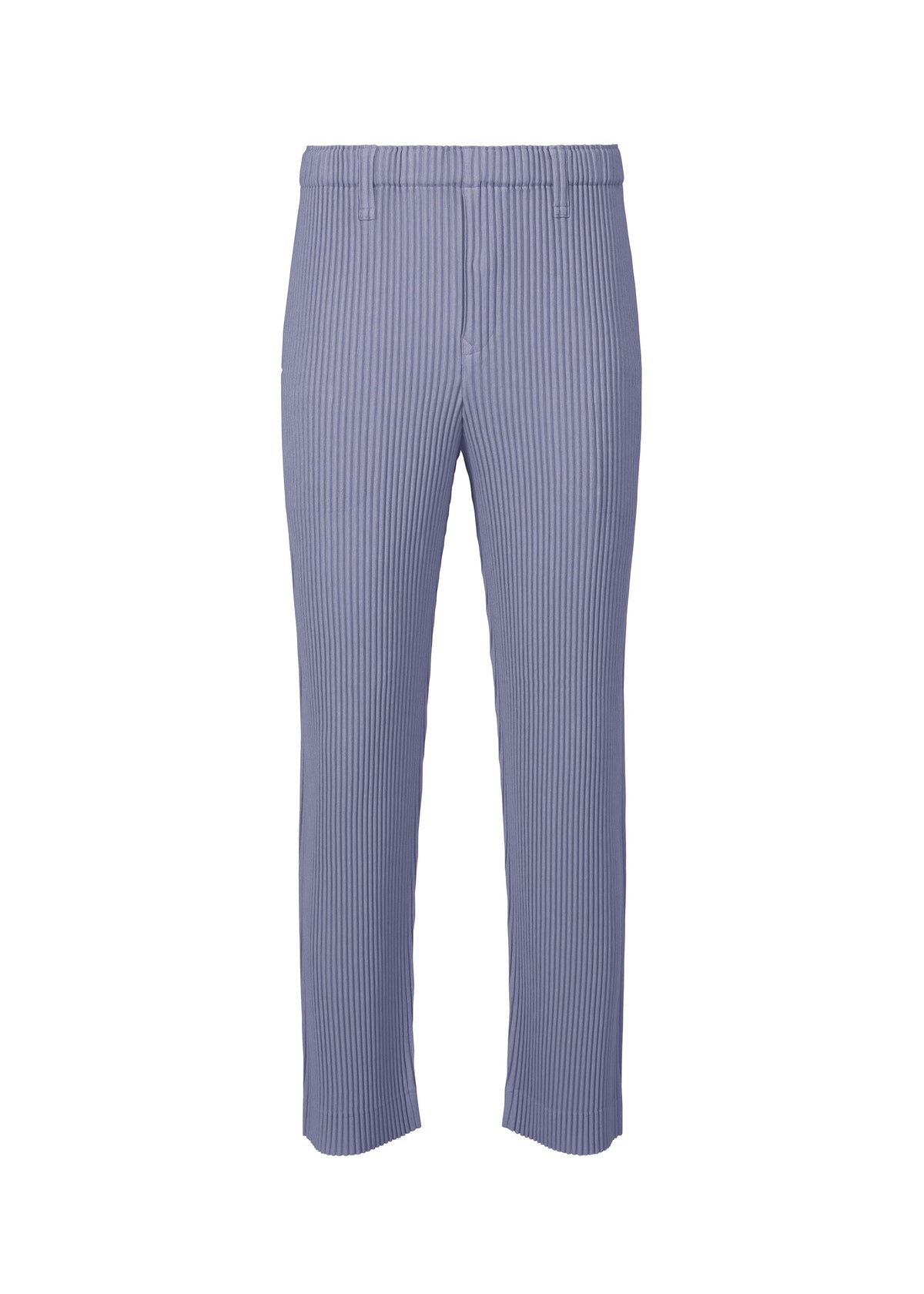 The HOMME PLISSÉ ISSEY MIYAKE LINEN LIKE pants feature a light purple, high-waisted, straight-leg design with subtle vertical stripes, belt loops, and a minimalist linen-like texture. No visible pockets or fastenings complete the clean silhouette. view 3 of 6