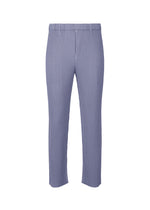 The HOMME PLISSÉ ISSEY MIYAKE LINEN LIKE pants feature a light purple, high-waisted, straight-leg design with subtle vertical stripes, belt loops, and a minimalist linen-like texture. No visible pockets or fastenings complete the clean silhouette. - BLUE (no.72)