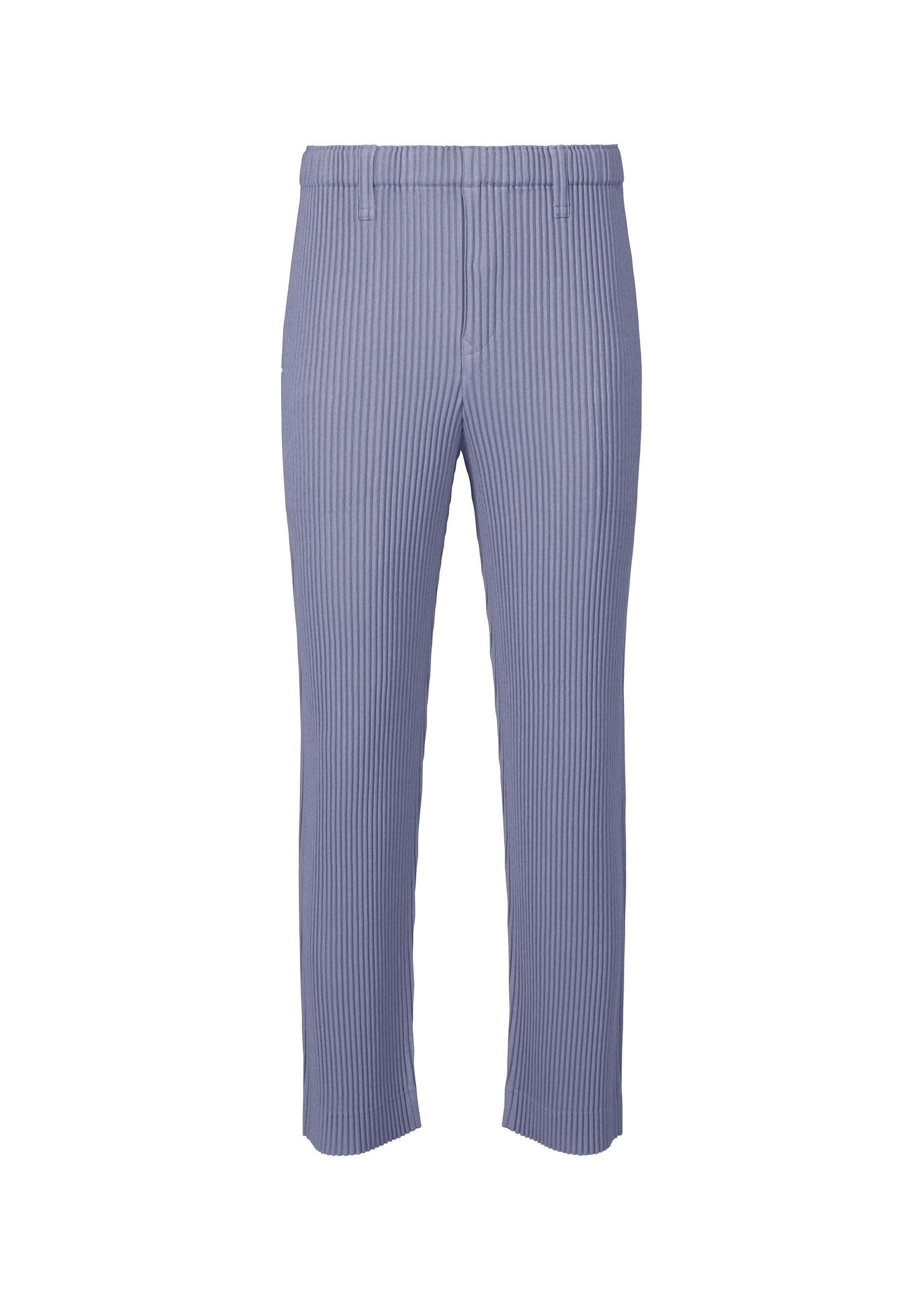Zoomed view The HOMME PLISSÉ ISSEY MIYAKE LINEN LIKE pants feature a light purple, high-waisted, straight-leg design with subtle vertical stripes, belt loops, and a minimalist linen-like texture. No visible pockets or fastenings complete the clean silhouette. - BLUE (no.72)