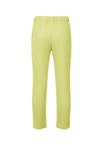 A pair of HOMME PLISSÉ ISSEY MIYAKE LINEN LIKE light yellow straight pants with a 3D silhouette and elastic waistband, shown on a white background.