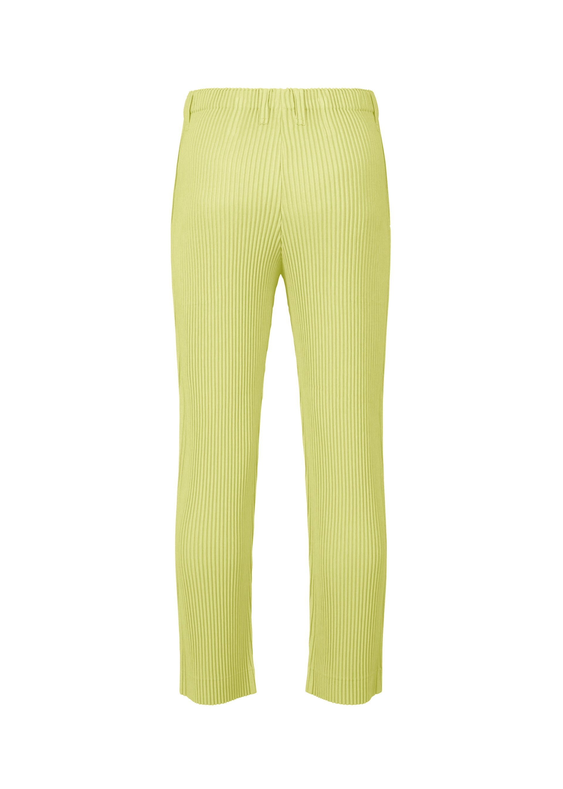 Zoomed view A pair of HOMME PLISSÉ ISSEY MIYAKE LINEN LIKE light yellow straight pants with a 3D silhouette and elastic waistband, shown on a white background.