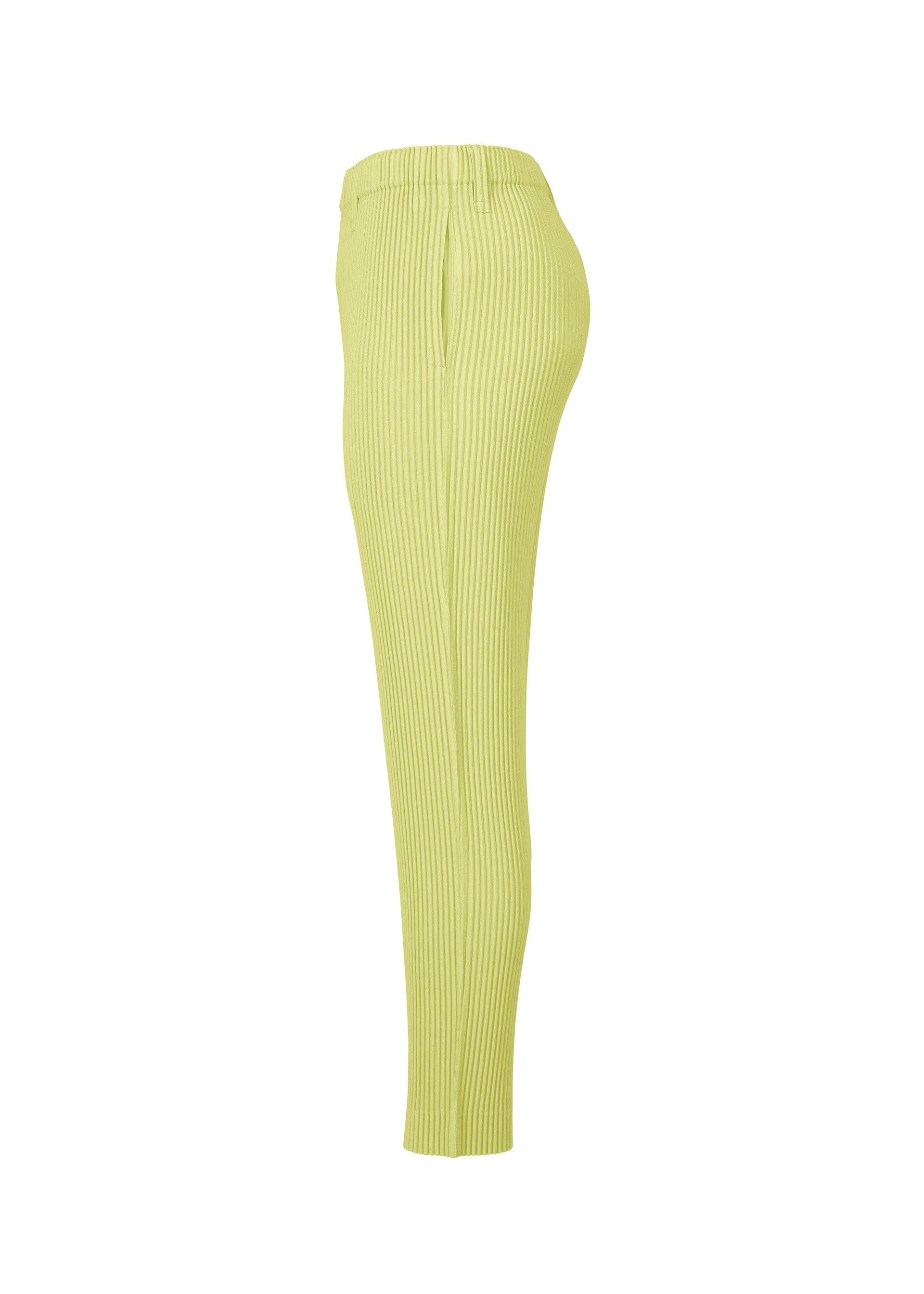 Zoomed view Side view of high-waisted, ribbed LINEN LIKE pants by HOMME PLISSÉ ISSEY MIYAKE in light yellow with a slim fit and elastic waistband. The structured silhouette is shown against a plain white background.