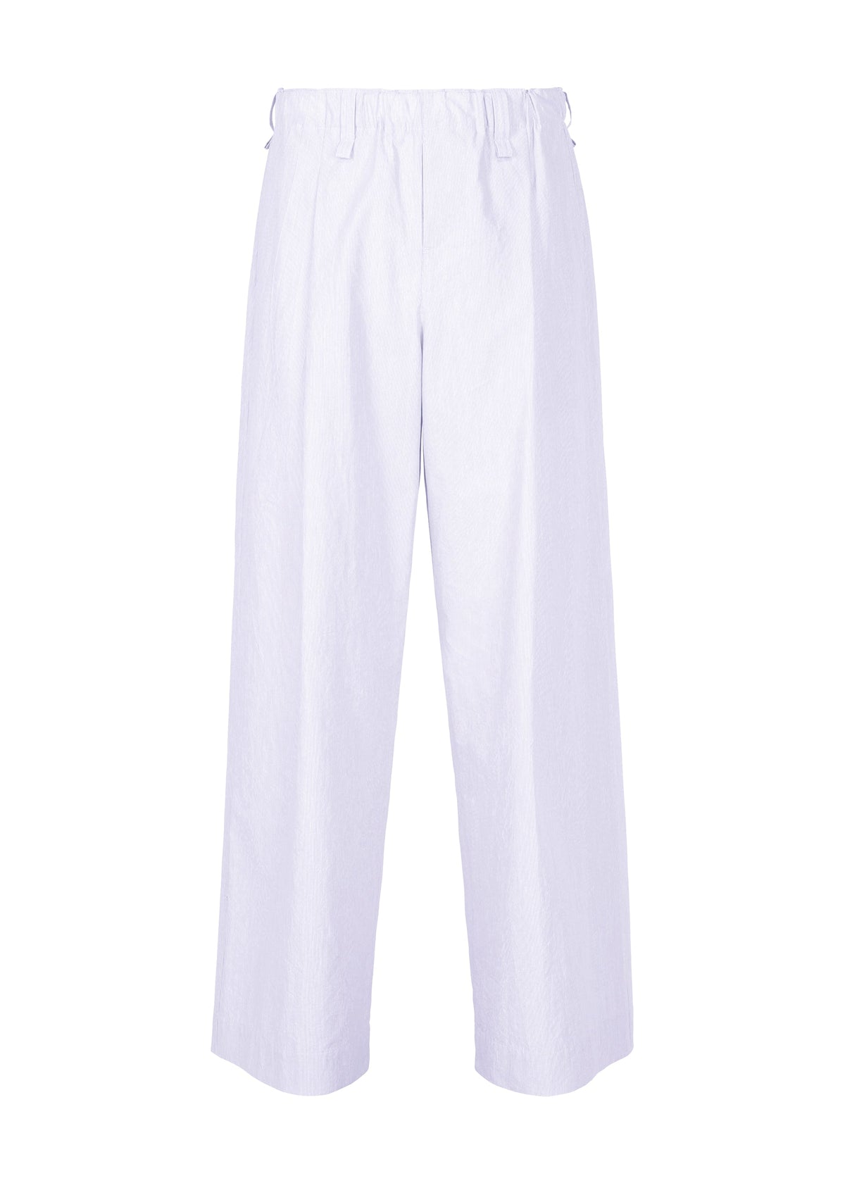 The FRESHEN pants by HOMME PLISSÉ ISSEY MIYAKE are wide-leg, high-waisted, straight-cut white trousers with an elastic waistband and a soft, subtly washed finish. No visible pockets or embellishments. Shown on a plain white background. view 1 of 8