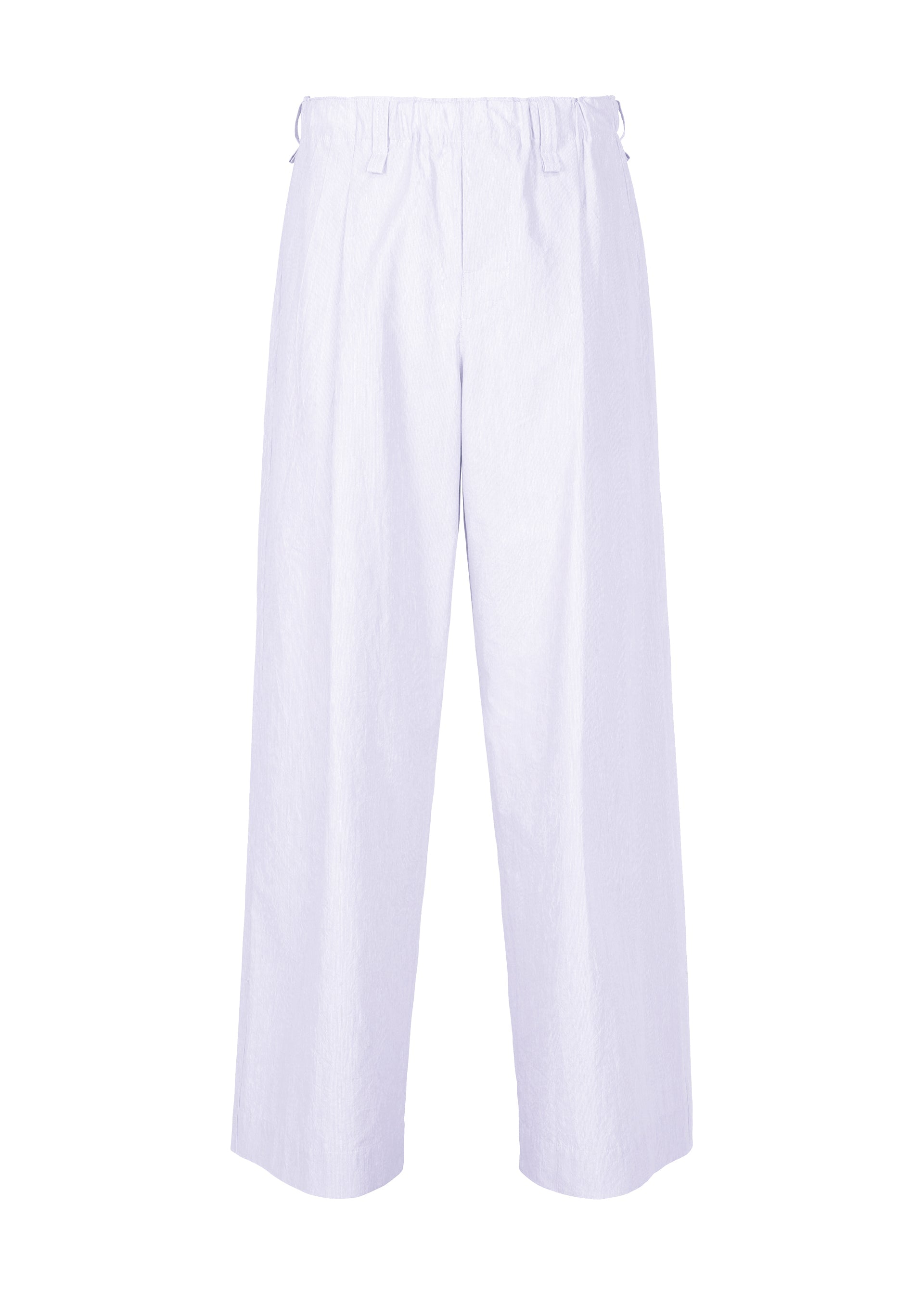 Zoomed view The FRESHEN pants by HOMME PLISSÉ ISSEY MIYAKE are wide-leg, high-waisted, straight-cut white trousers with an elastic waistband and a soft, subtly washed finish. No visible pockets or embellishments. Shown on a plain white background. - WHITE （no.01）