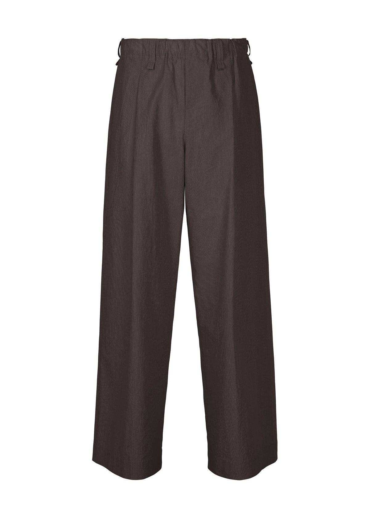 The FRESHEN trousers by HOMME PLISSÉ ISSEY MIYAKE are wide-leg, brown pants with an elastic waistband and subtle pleats, showcasing a gentle wrinkled texture against a plain white background. view 2 of 8