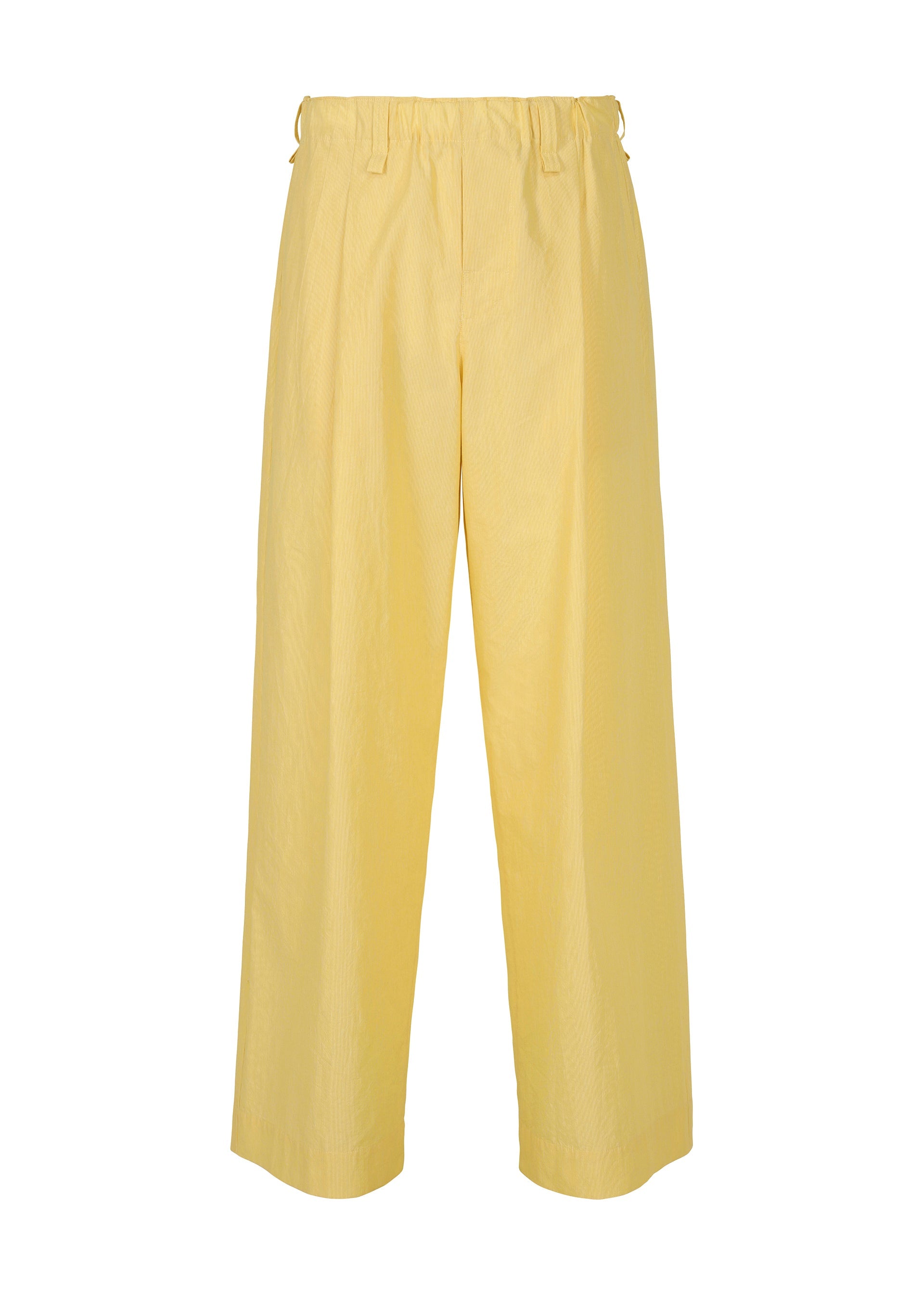 Zoomed view The HOMME PLISSÉ ISSEY MIYAKE FRESHEN pants feature a wide-leg, high-waisted yellow design with a subtle wrinkled texture, elastic waistband, and belt loops, shown against a plain white background. - YELLOW （no.52）