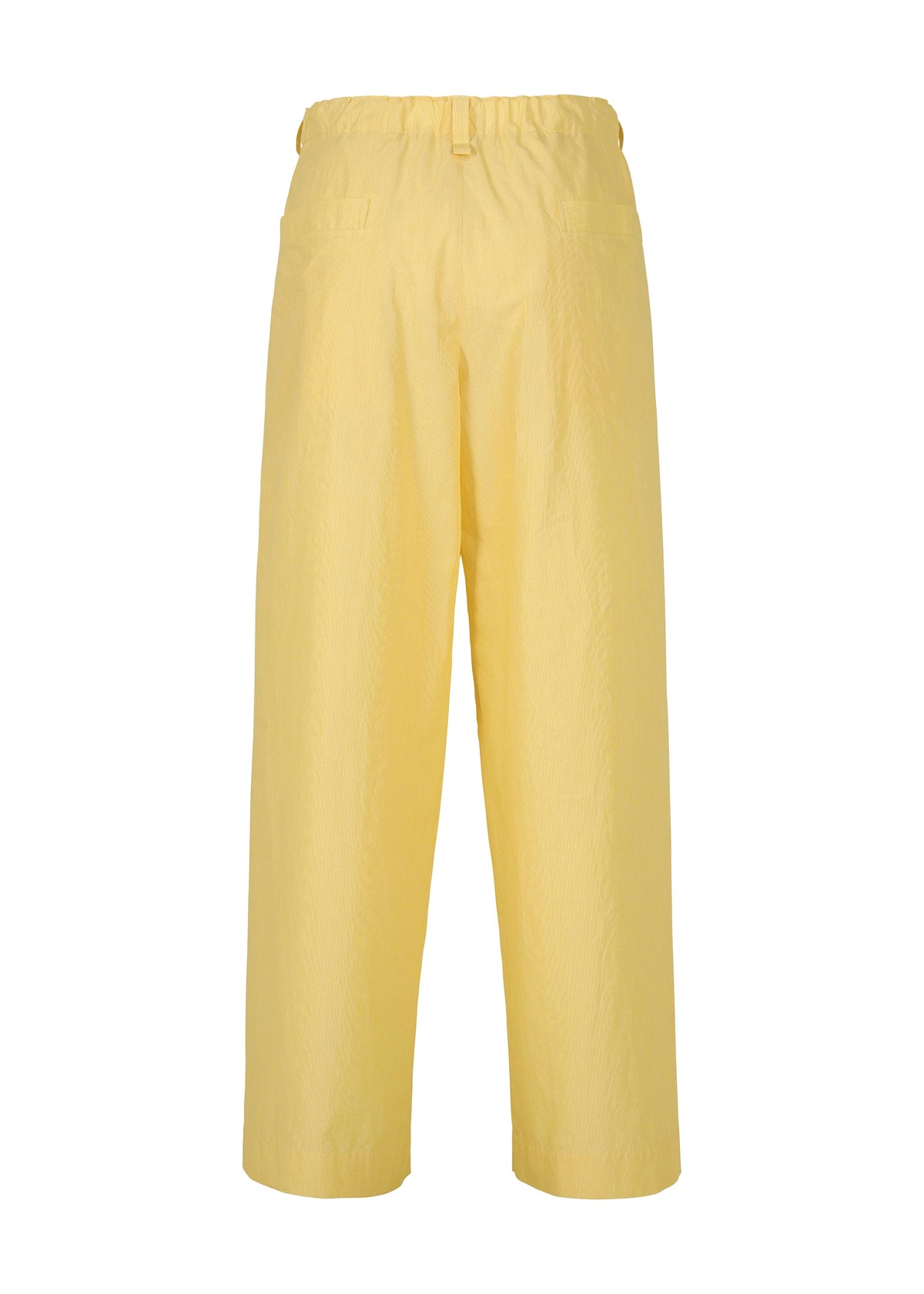 Back view of FRESHEN pants by HOMME PLISSÉ ISSEY MIYAKE—loose-fitting, high-waisted yellow wide pants with an elastic waistband, signature wrinkled texture, and two back pockets shown on a white background. view 4 of 8