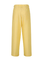 Back view of FRESHEN pants by HOMME PLISSÉ ISSEY MIYAKE—loose-fitting, high-waisted yellow wide pants with an elastic waistband, signature wrinkled texture, and two back pockets shown on a white background.