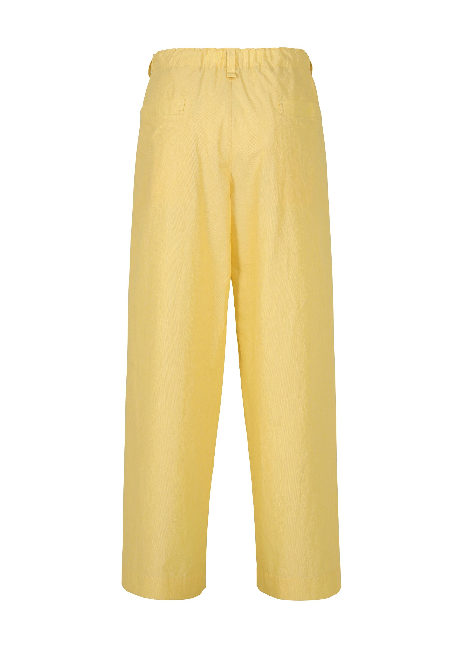 Zoomed view Back view of FRESHEN pants by HOMME PLISSÉ ISSEY MIYAKE—loose-fitting, high-waisted yellow wide pants with an elastic waistband, signature wrinkled texture, and two back pockets shown on a white background.