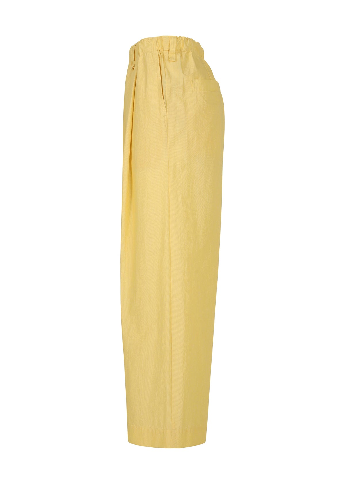 The FRESHEN pants by HOMME PLISSÉ ISSEY MIYAKE are light yellow, high-waisted, wide-leg with pleats, an elastic waistband, and a subtle wrinkled texture. Shown from the side against a white background. view 5 of 8