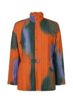 The DAWN EDGE SHIRT by HOMME PLISSÉ ISSEY MIYAKE is a long-sleeve, high-collar jacket with Nassen printing, a grid textured abstract orange, green, and purple pattern, button front, and waist belt detail. - ORANGE （no.32）