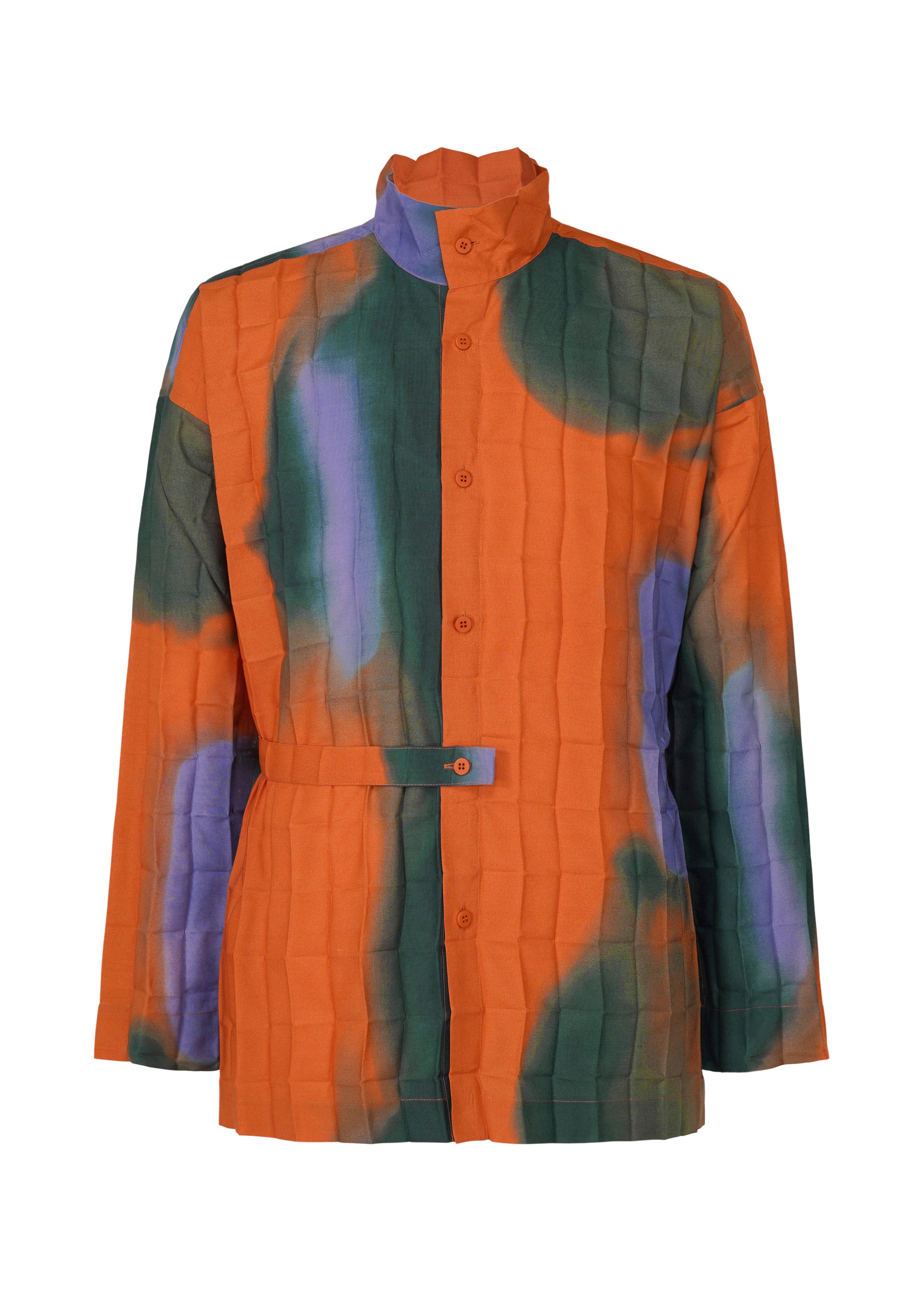 Zoomed view The DAWN EDGE SHIRT by HOMME PLISSÉ ISSEY MIYAKE is a long-sleeve, high-collar jacket with Nassen printing, a grid textured abstract orange, green, and purple pattern, button front, and waist belt detail. - ORANGE （no.32）