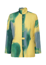 The DAWN EDGE SHIRT by HOMME PLISSÉ ISSEY MIYAKE is a long-sleeved, button-up standing collar shirt with an attached belt, crafted in yellow textured fabric featuring green and blue abstract Nassen prints.