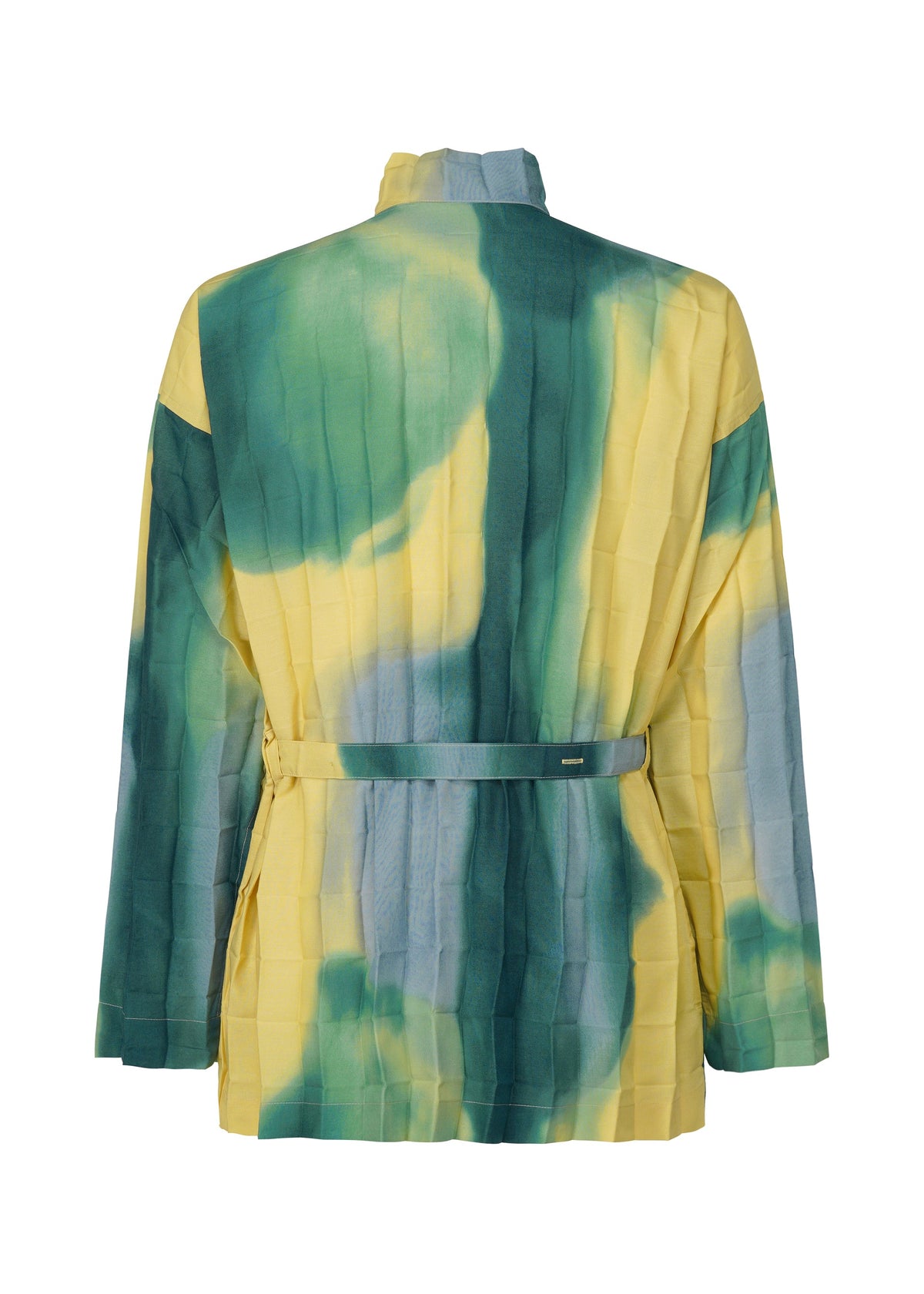 The DAWN EDGE SHIRT by HOMME PLISSÉ ISSEY MIYAKE is a long-sleeved, belted jacket with a yellow, green, and blue Nassen-printed abstract tie-dye pattern and subtle checkered texture, shown from the back. view 4 of 10