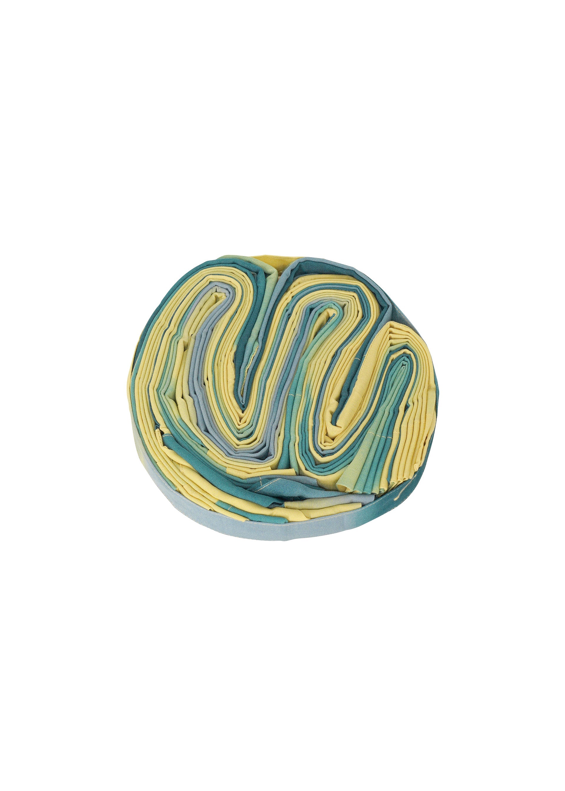 Zoomed view The DAWN EDGE SHIRT by HOMME PLISSÉ ISSEY MIYAKE displays alternating yellow, green, and light blue in a coiled, Nassen-inspired pattern, arranged in a spiral against a plain white background.