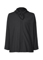 The STREAMLINE SHIRT by HOMME PLISSÉ ISSEY MIYAKE is a black organic cotton shirt with a chest pocket, long sleeves, and a distinctive wrap-around scarf collar, shown against a white background. - BLACK （no.15）